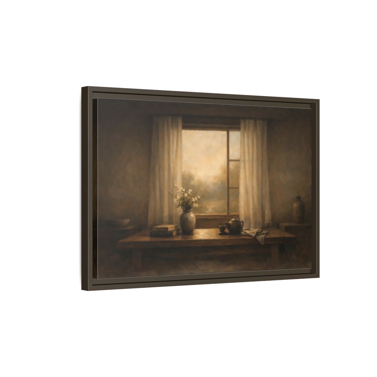Side Mockup 2. Vintage Still Life Muted Brown shown as stretched canvas wall art