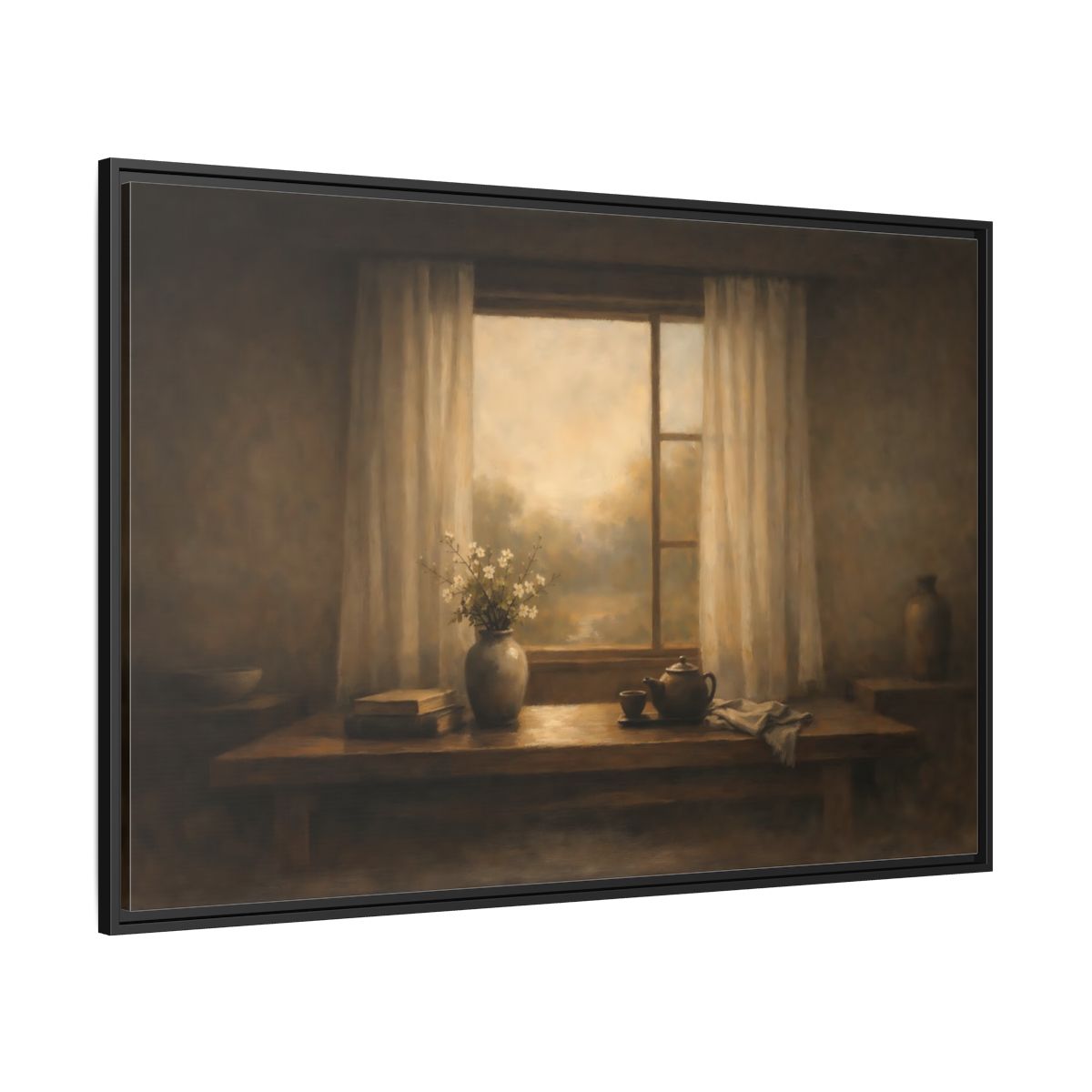 Side Mockup 12. Vintage Still Life Muted Brown shown as stretched canvas wall art