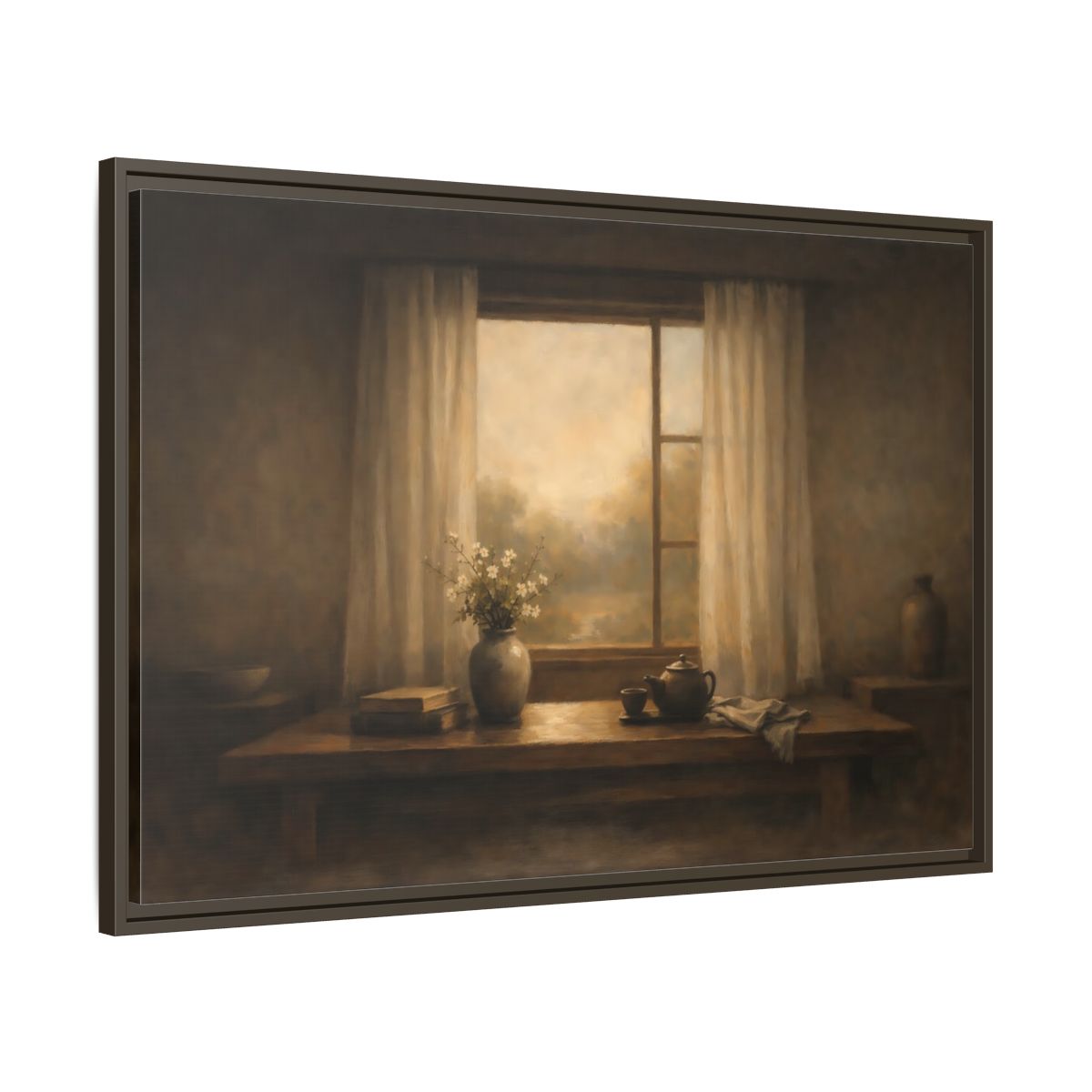 Side Mockup 9. Vintage Still Life Muted Brown shown as stretched canvas wall art