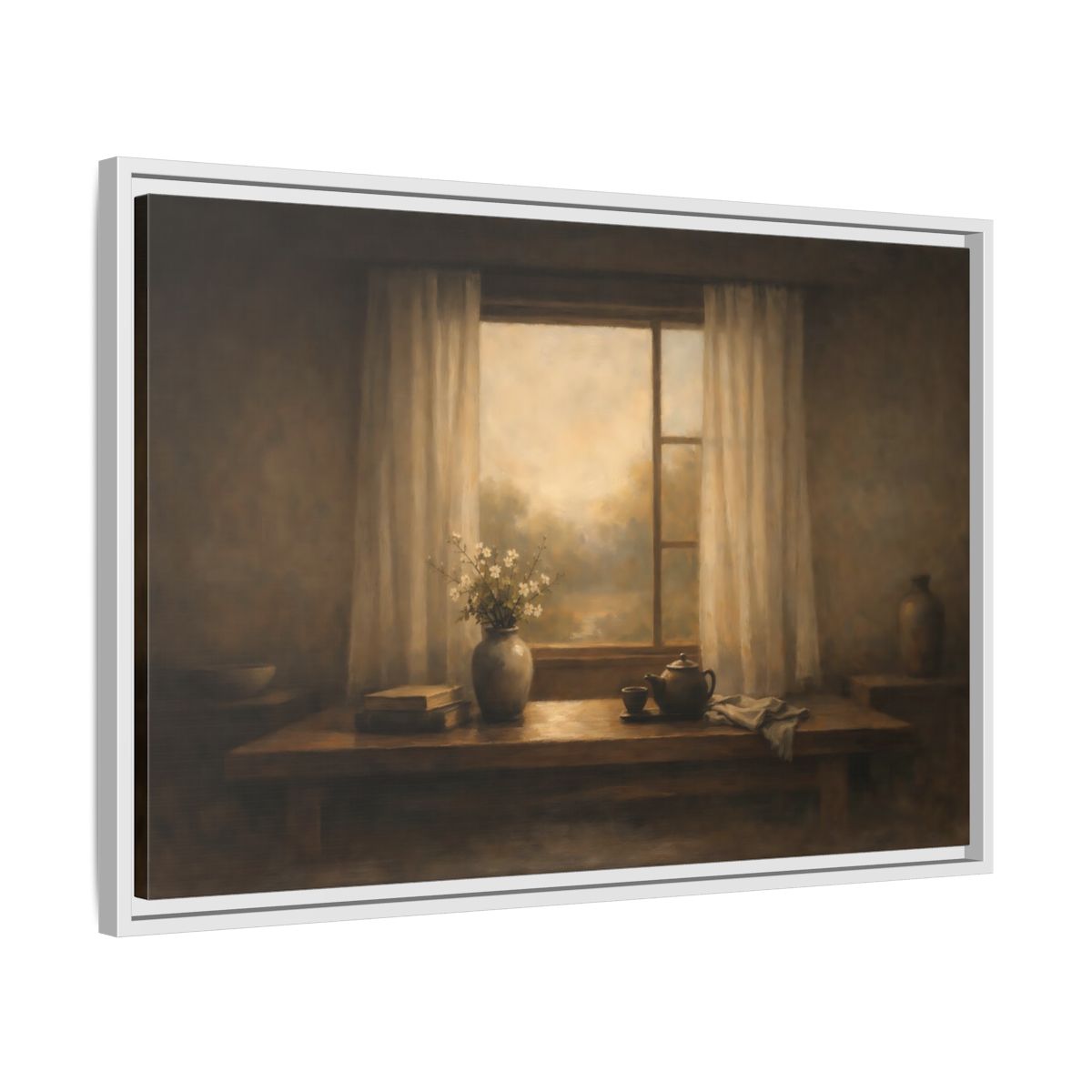 Side Mockup 10. Vintage Still Life Muted Brown shown as stretched canvas wall art