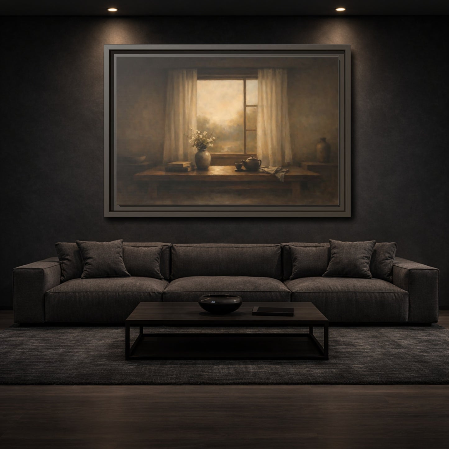Mockup 2. Vintage Still Life Muted Brown shown as stretched canvas wall art
