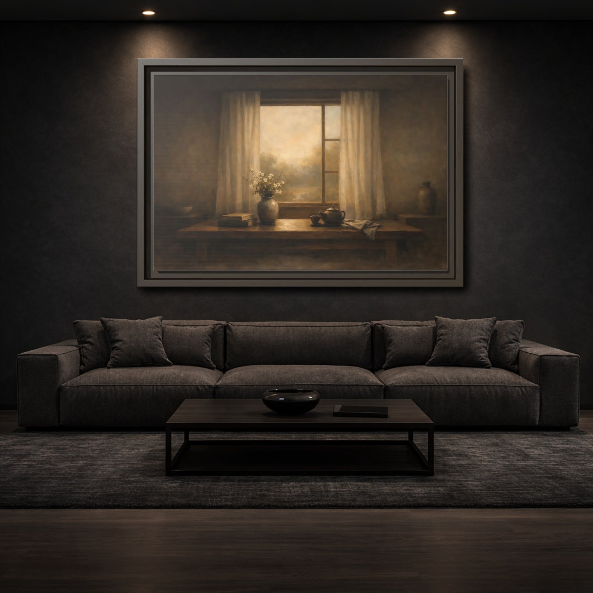 Mockup 2. Vintage Still Life Muted Brown shown as stretched canvas wall art