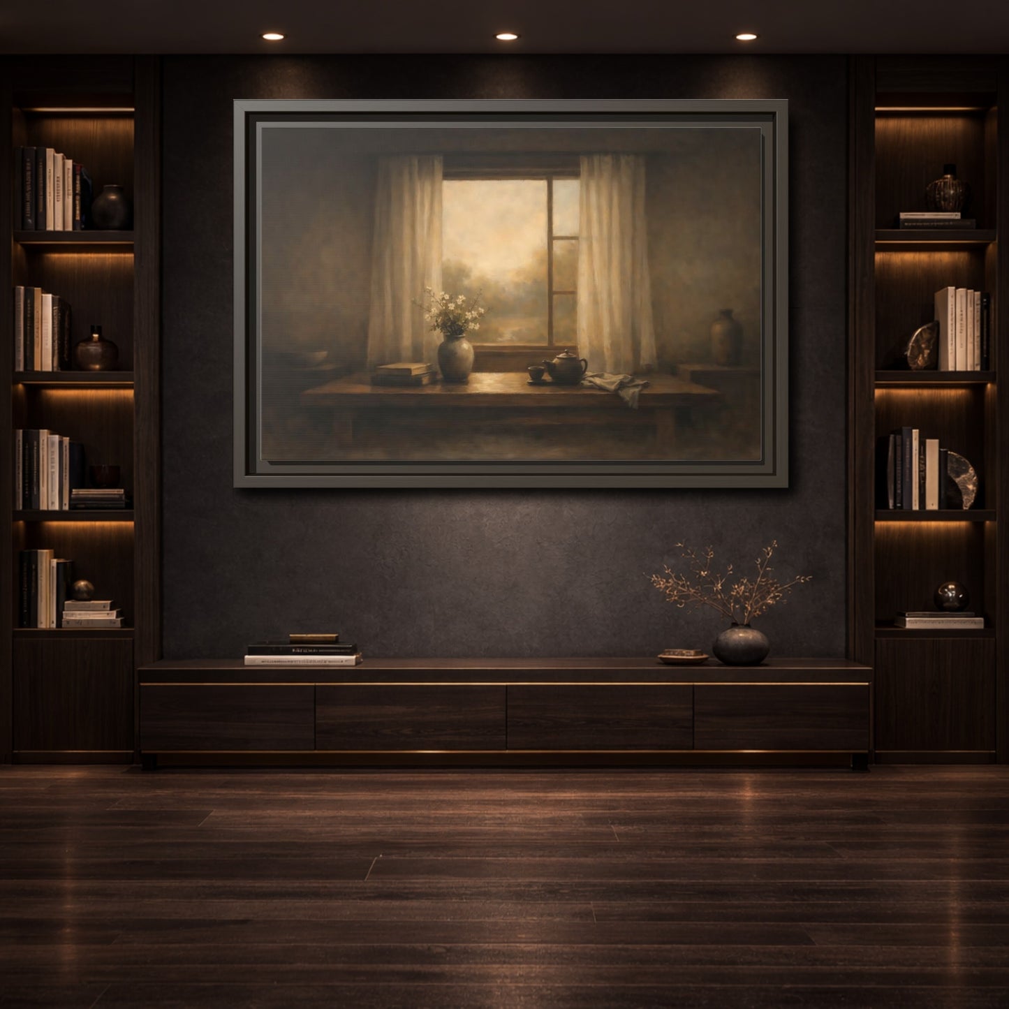 Mockup 3. Vintage Still Life Muted Brown shown as stretched canvas wall art