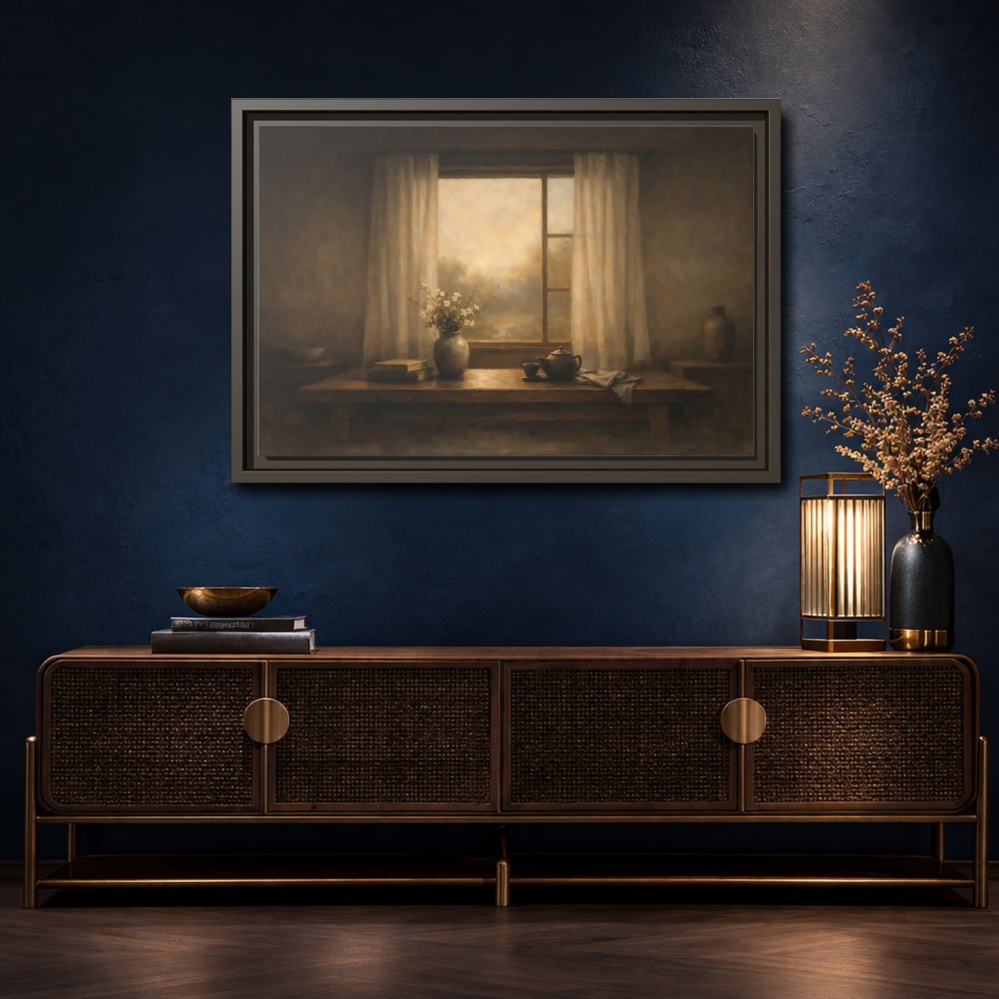 Mockup 4. Vintage Still Life Muted Brown shown as stretched canvas wall art