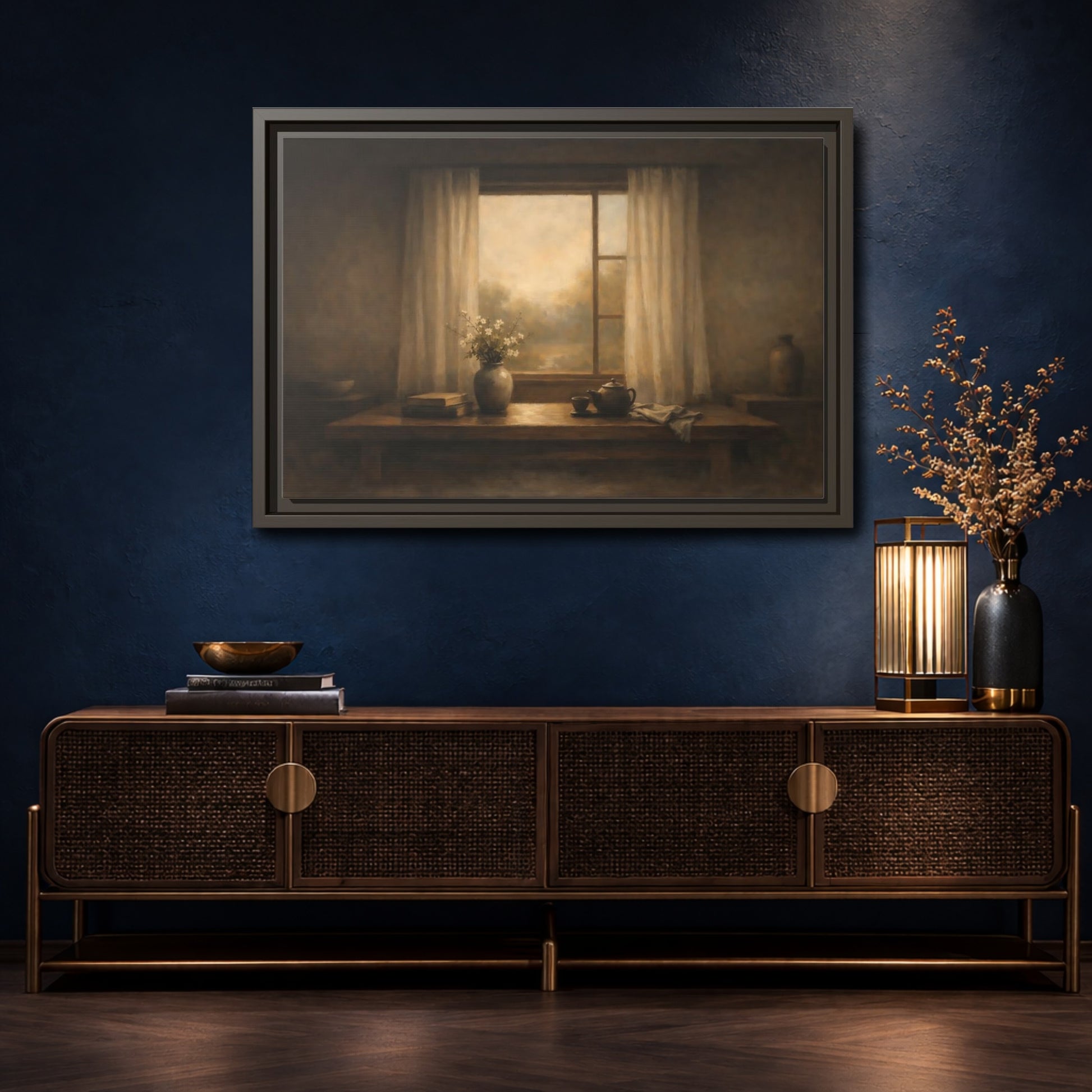 Mockup 4. Vintage Still Life Muted Brown shown as stretched canvas wall art