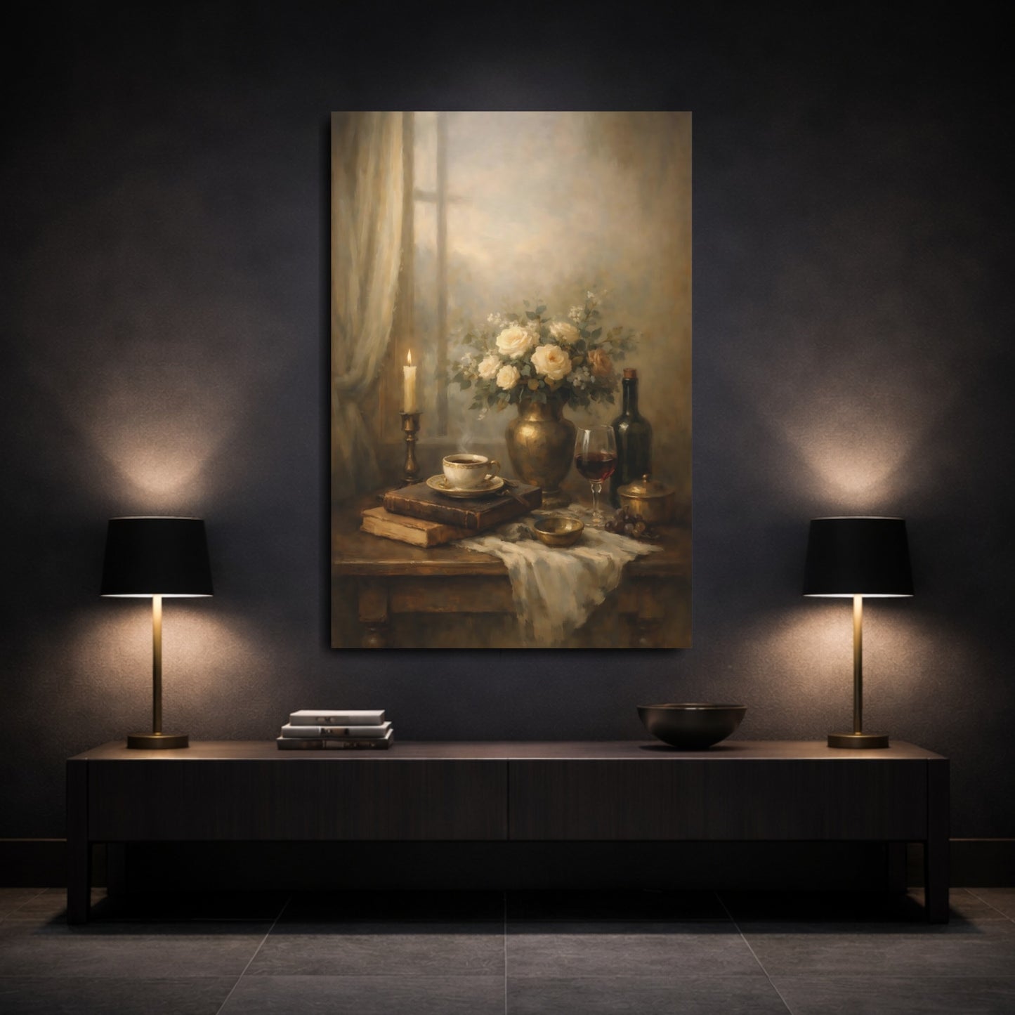 Mockup 2. Vintage Still Life Warm Still Life shown as stretched canvas wall art