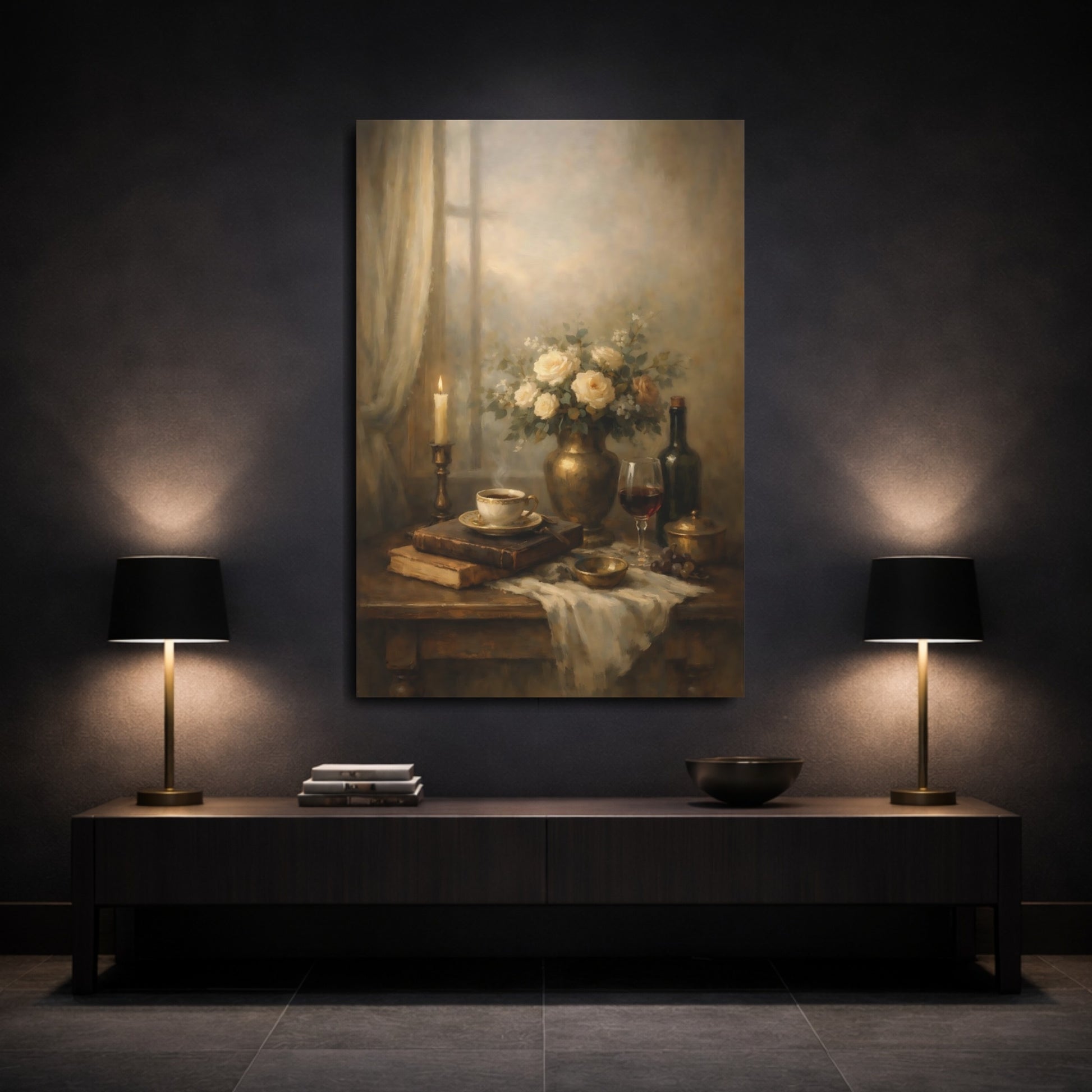 Mockup 2. Vintage Still Life Warm Still Life shown as stretched canvas wall art