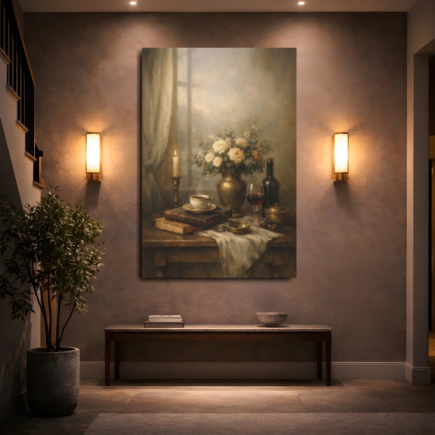 Mockup 4. Vintage Still Life Warm Still Life shown as stretched canvas wall art