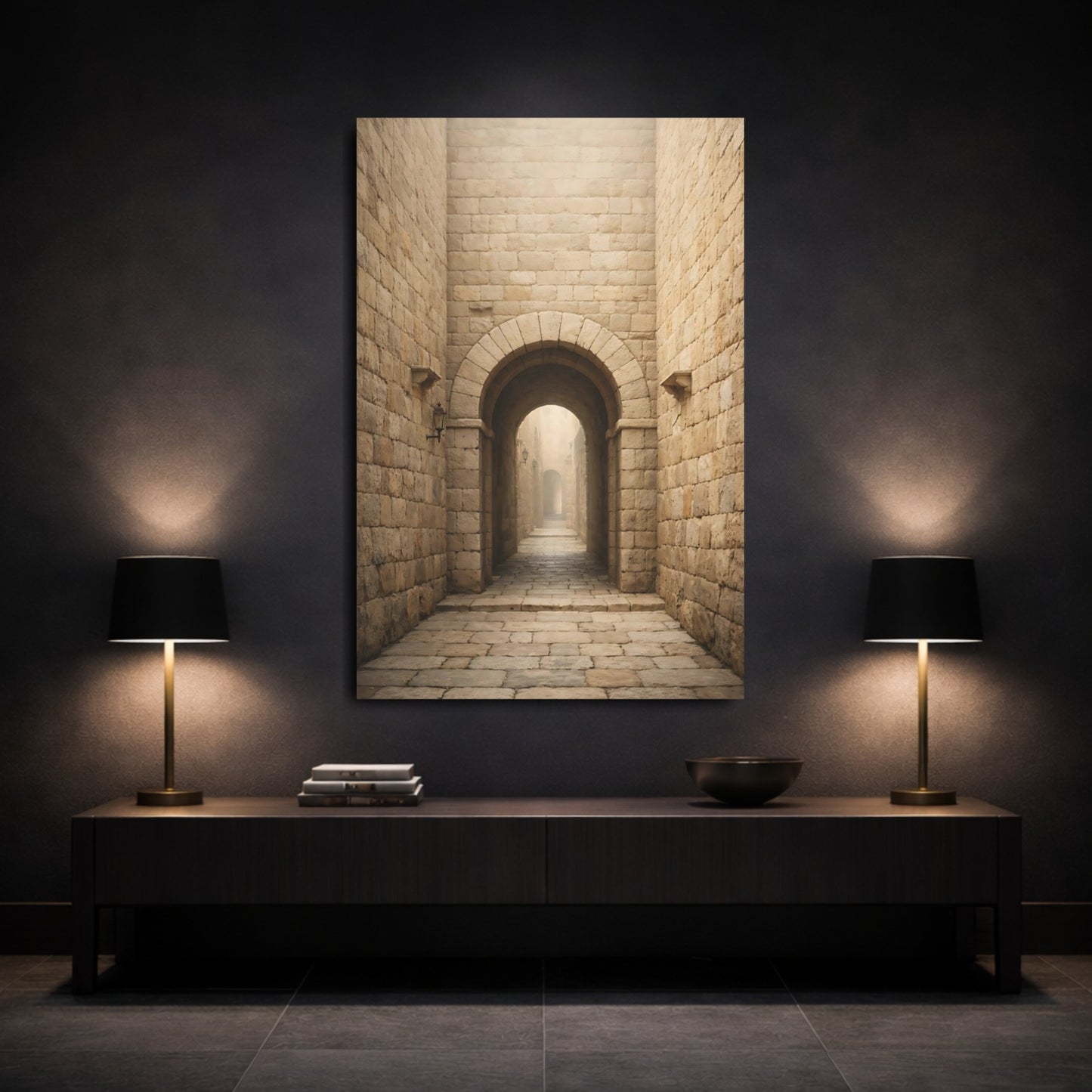 Vintage Stone Archway Brown And Beige shown as front canvas room wall art