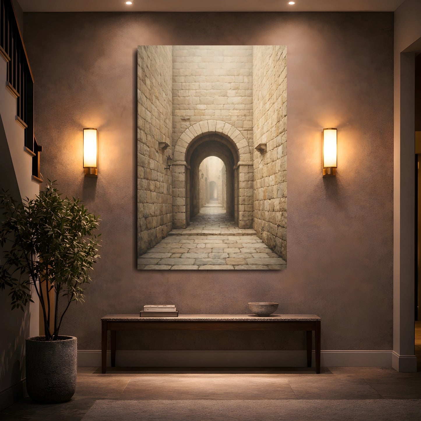 Vintage Stone Archway Brown And Beige shown as front canvas room wall art