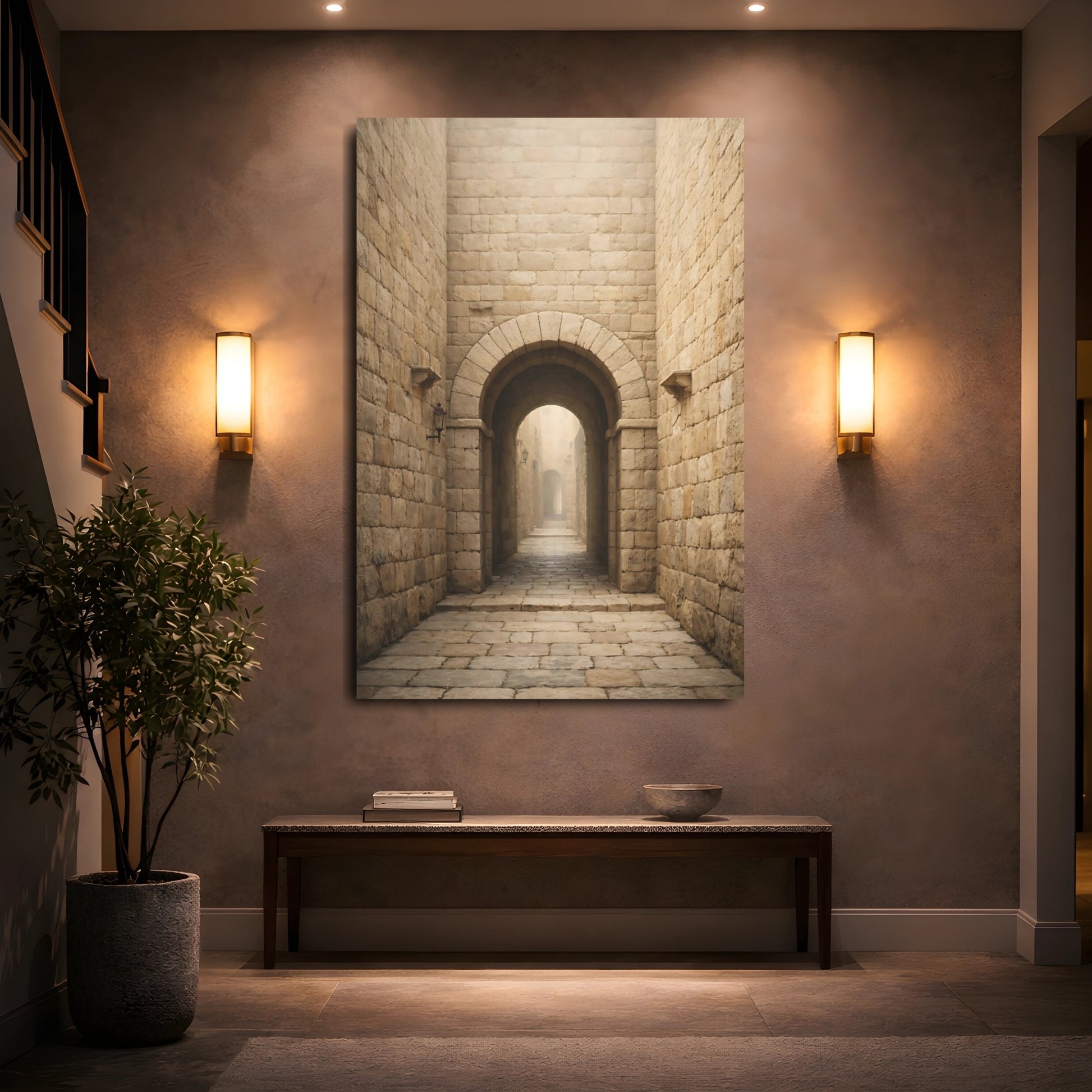 Vintage Stone Archway Brown And Beige shown as front canvas room wall art
