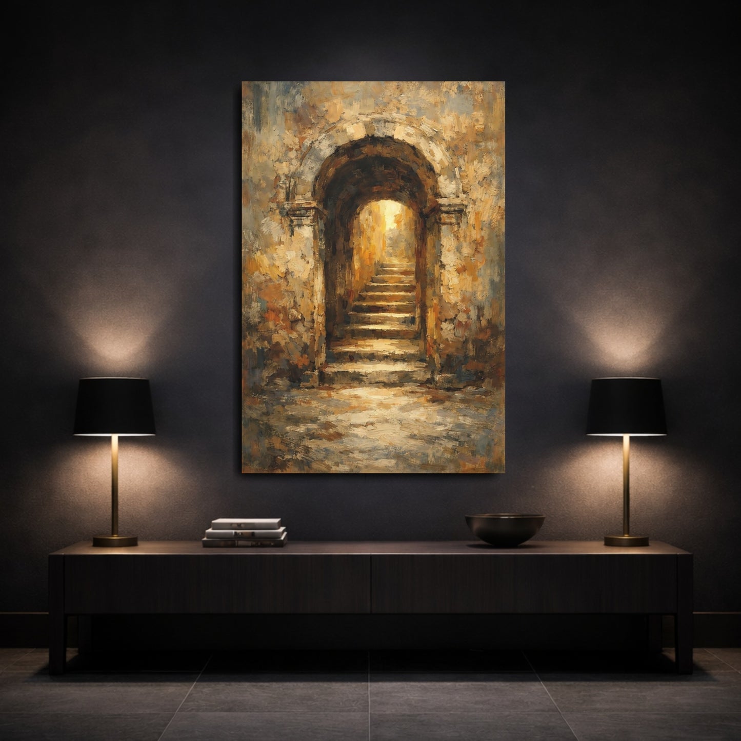 Mockup 2. Vintage Stone Archway Brown And Gold Archway shown as stretched canvas wall art