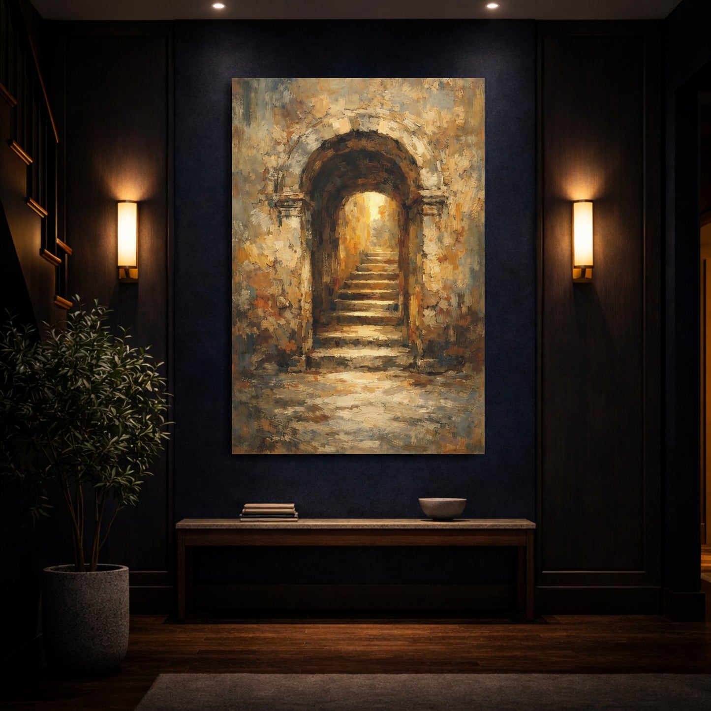 Mockup 3. Vintage Stone Archway Brown And Gold Archway shown as stretched canvas wall art