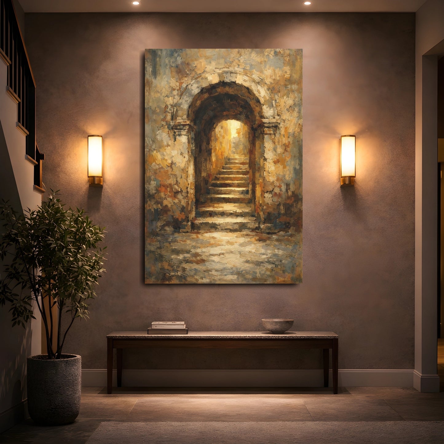 Mockup 4. Vintage Stone Archway Brown And Gold Archway shown as stretched canvas wall art