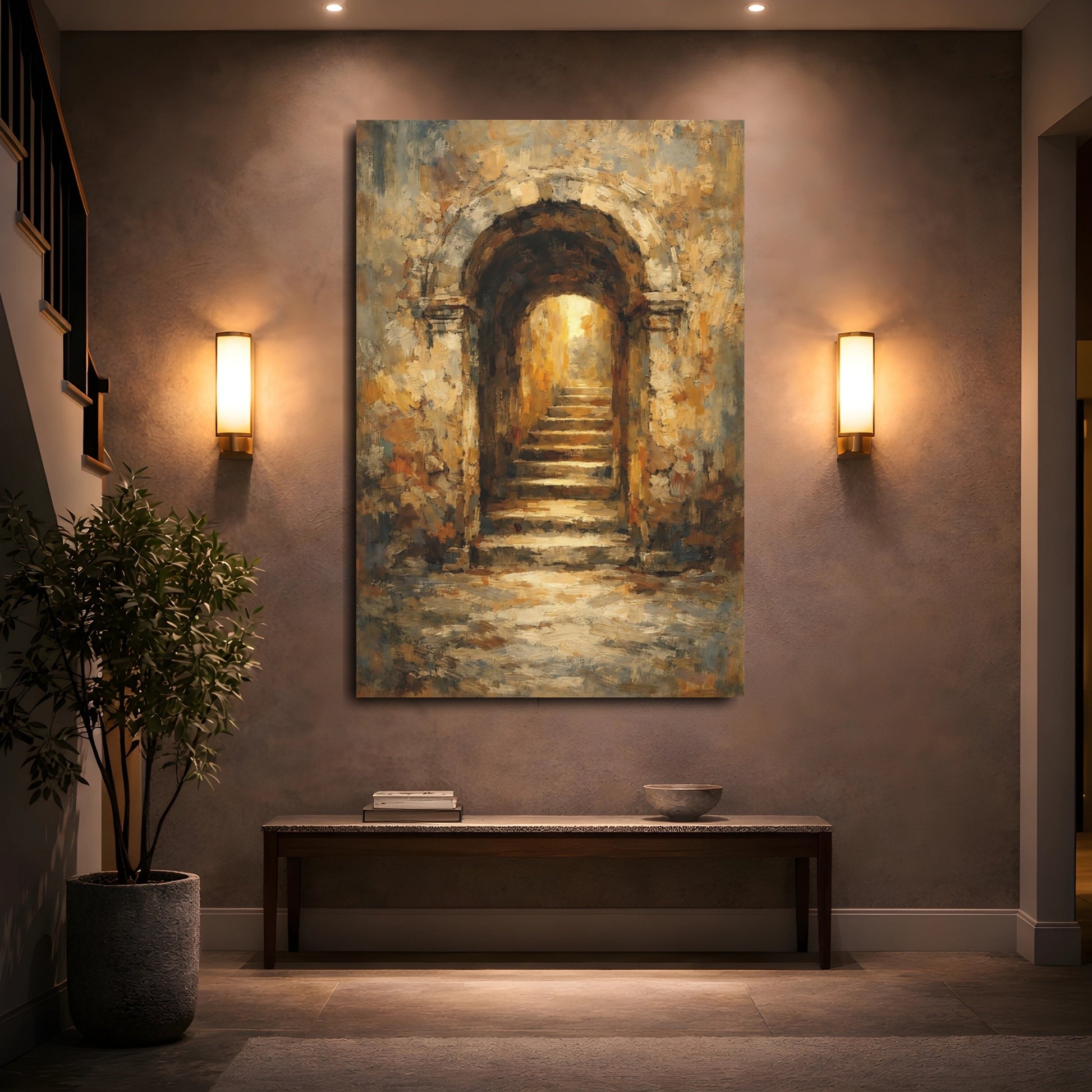 Mockup 4. Vintage Stone Archway Brown And Gold Archway shown as stretched canvas wall art