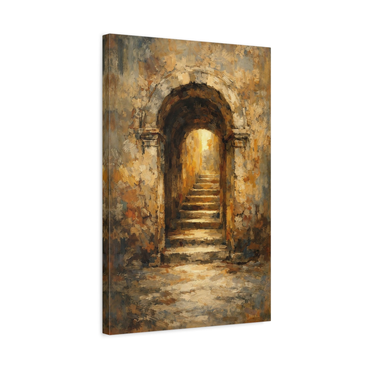 Side Mockup 3. Vintage Stone Archway Brown And Gold Archway shown as stretched canvas wall art
