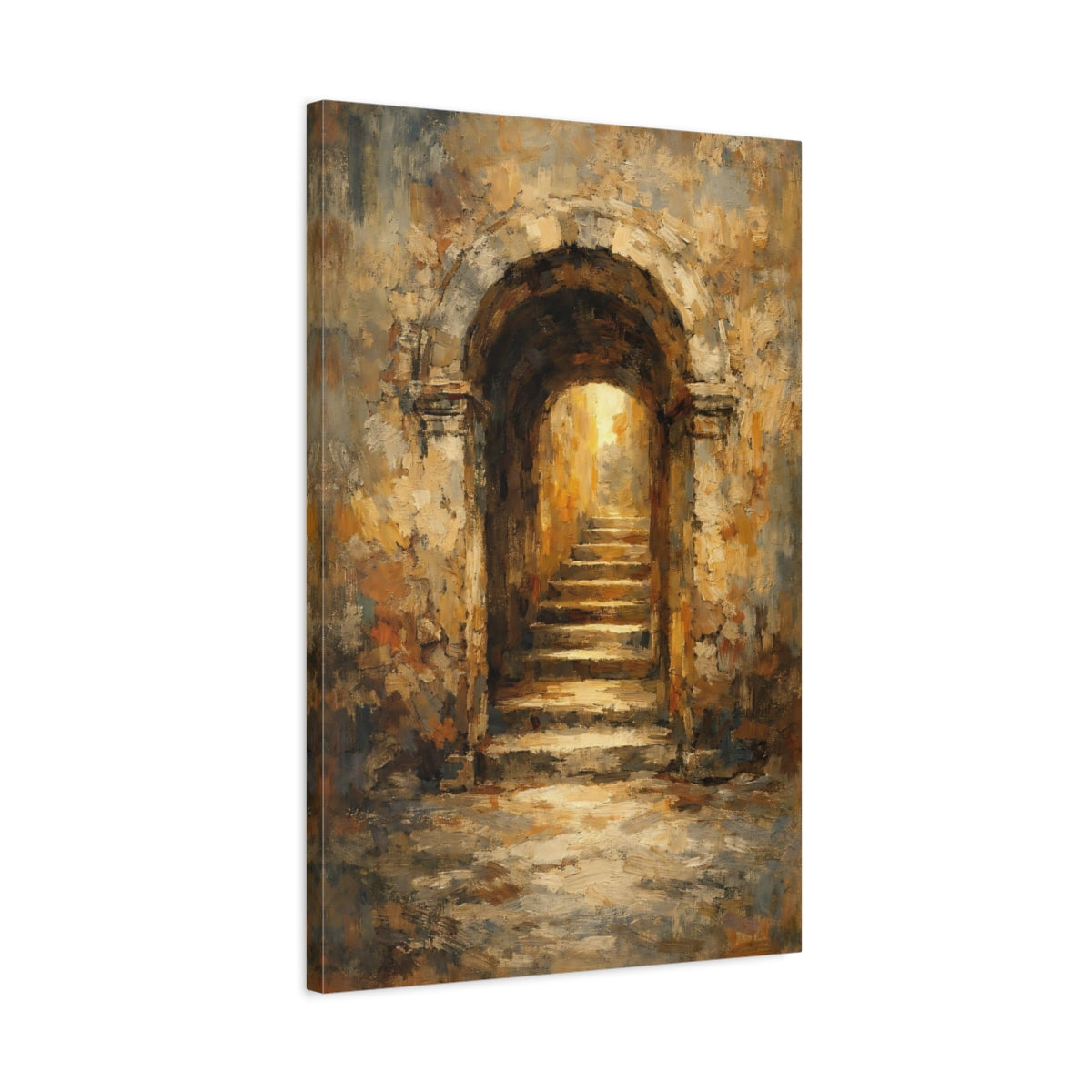 Side Mockup 2. Vintage Stone Archway Brown And Gold Archway shown as stretched canvas wall art