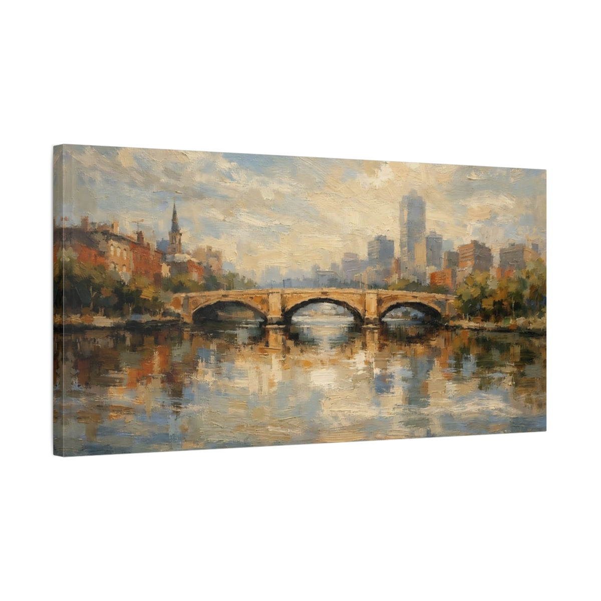 Side Mockup 2. Vintage Stone Bridge Brown And Blue Cityscape shown as stretched canvas wall art