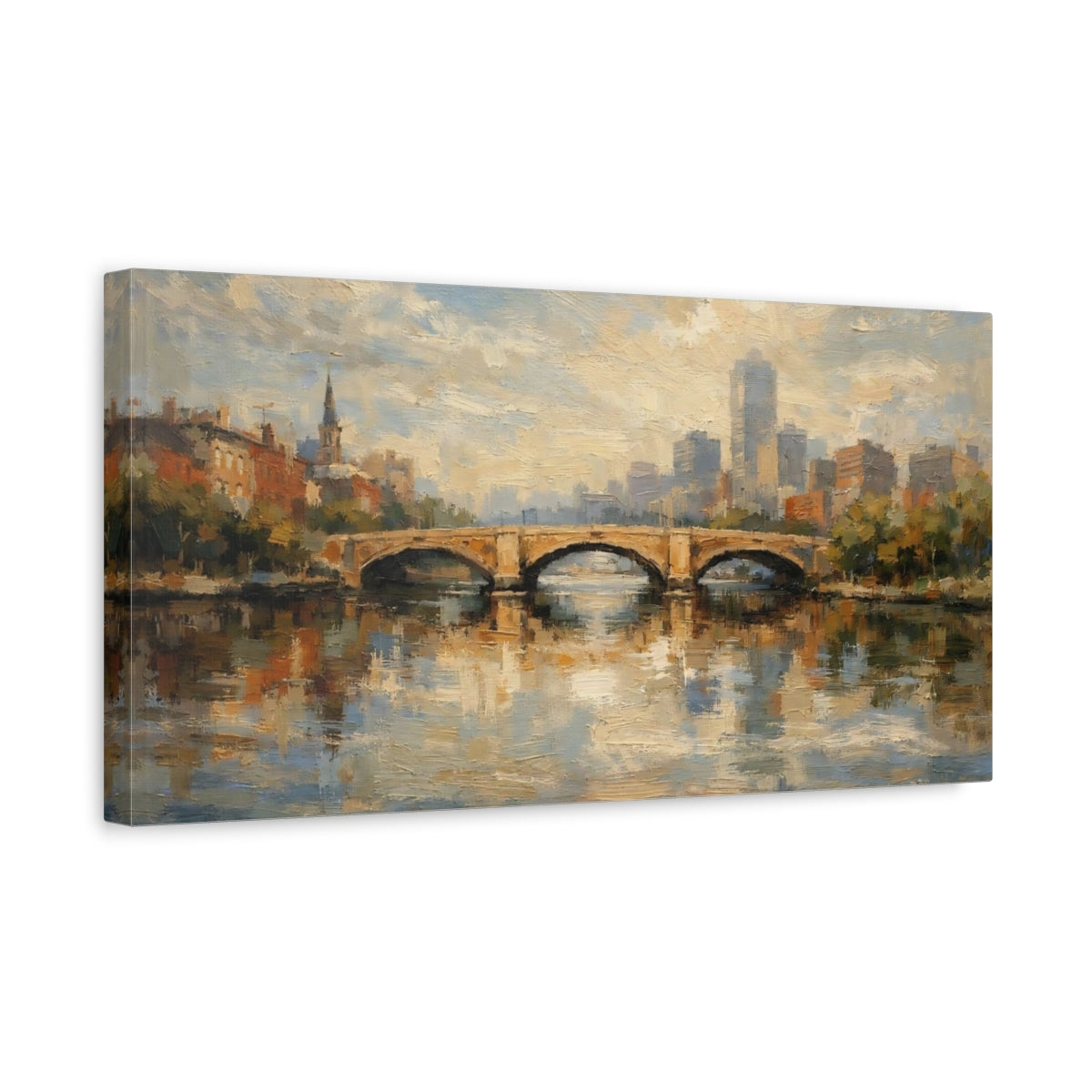 Side Mockup 3. Vintage Stone Bridge Brown And Blue Cityscape shown as stretched canvas wall art