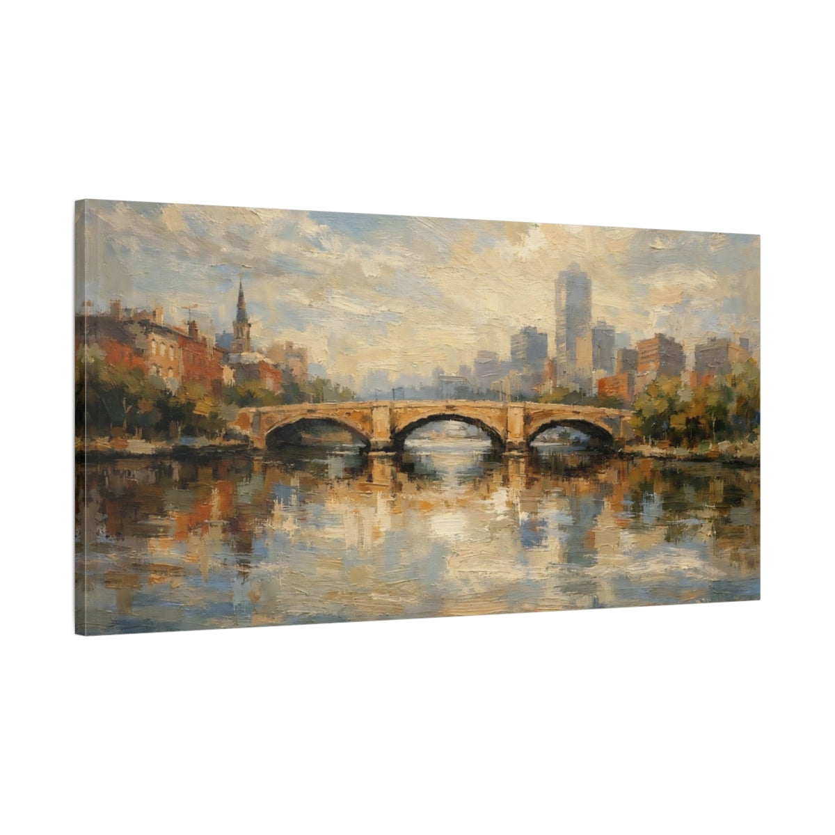 Side Mockup 1. Vintage Stone Bridge Brown And Blue Cityscape shown as stretched canvas wall art