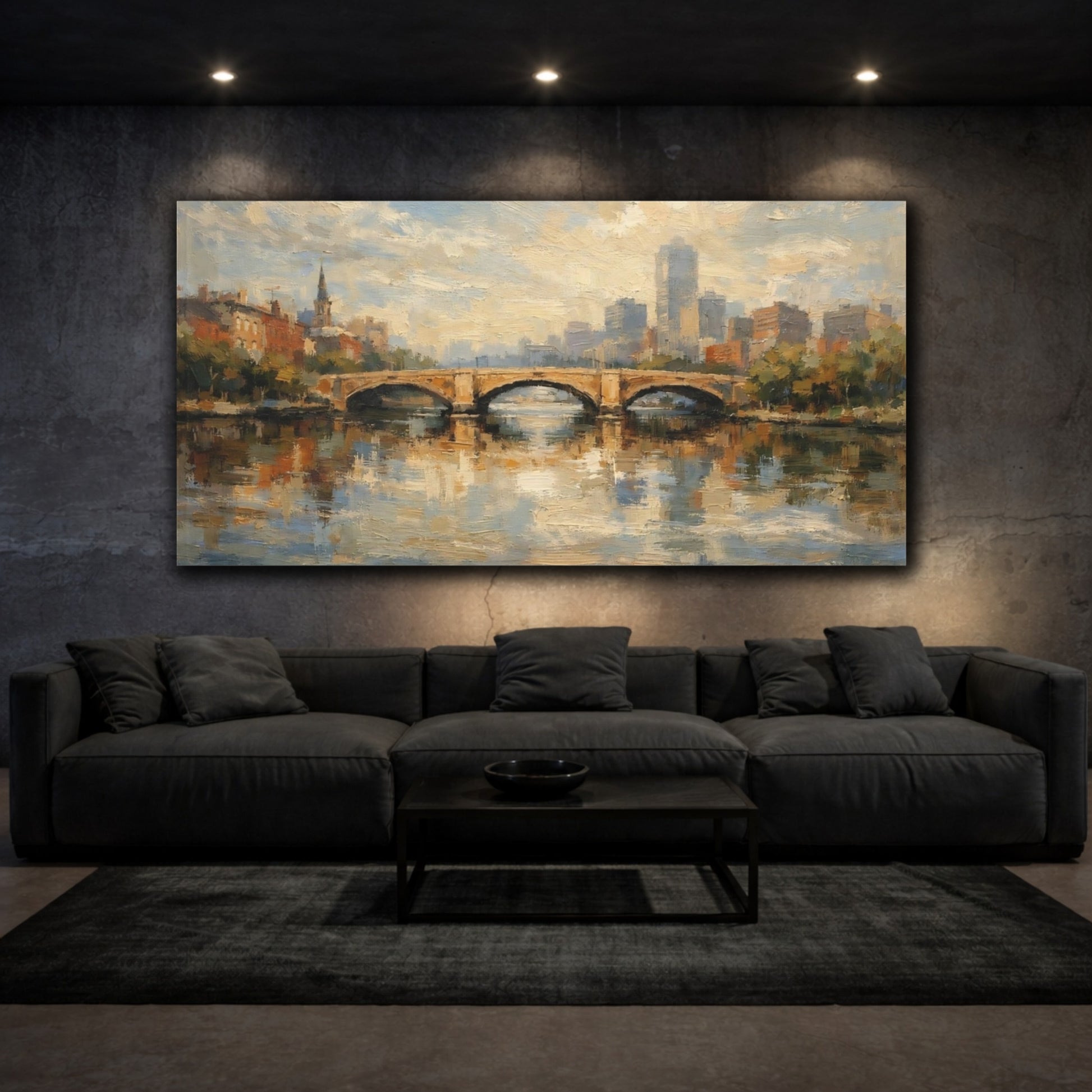 Mockup 2. Vintage Stone Bridge Brown And Blue Cityscape shown as stretched canvas wall art