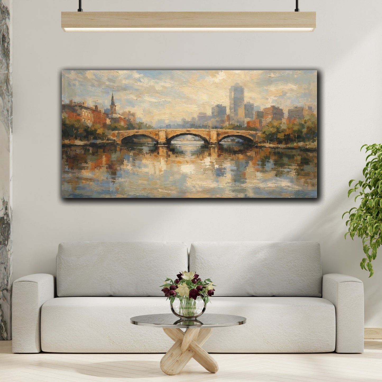 Mockup 3. Vintage Stone Bridge Brown And Blue Cityscape shown as stretched canvas wall art