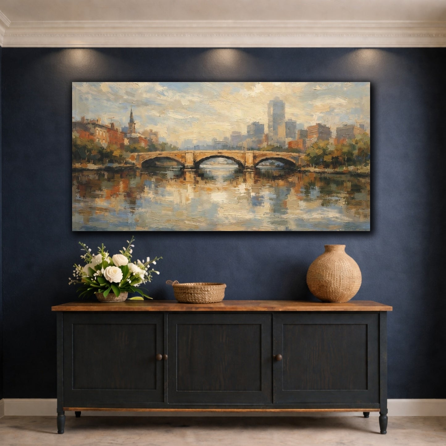 Mockup 4. Vintage Stone Bridge Brown And Blue Cityscape shown as stretched canvas wall art