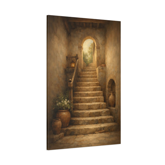 Main Mockup. Vintage Stone Staircase Brown And Beige shown as stretched canvas wall art