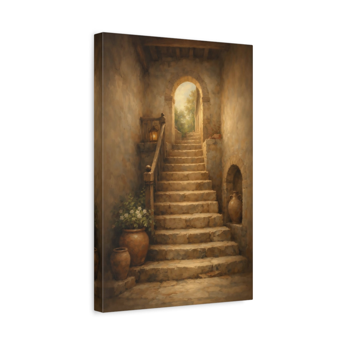 Side Mockup 4. Vintage Stone Staircase Brown And Beige shown as stretched canvas wall art