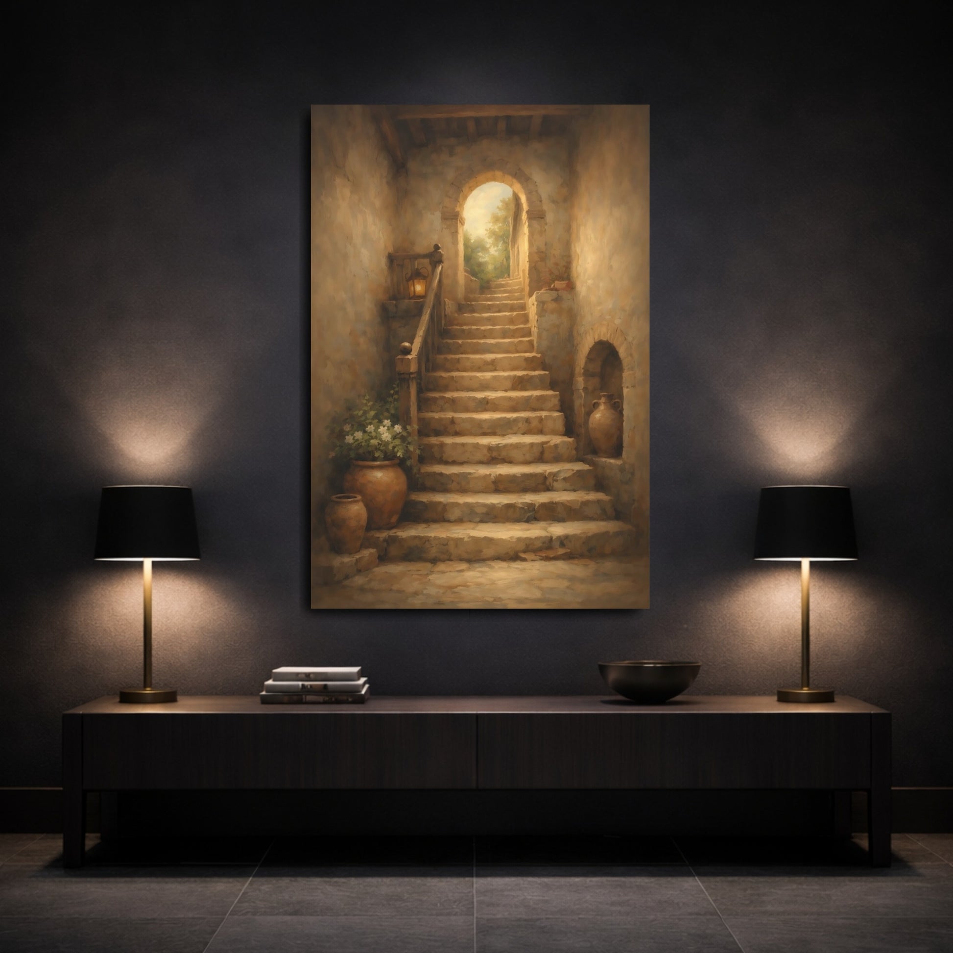 Mockup 2. Vintage Stone Staircase Brown And Beige shown as stretched canvas wall art