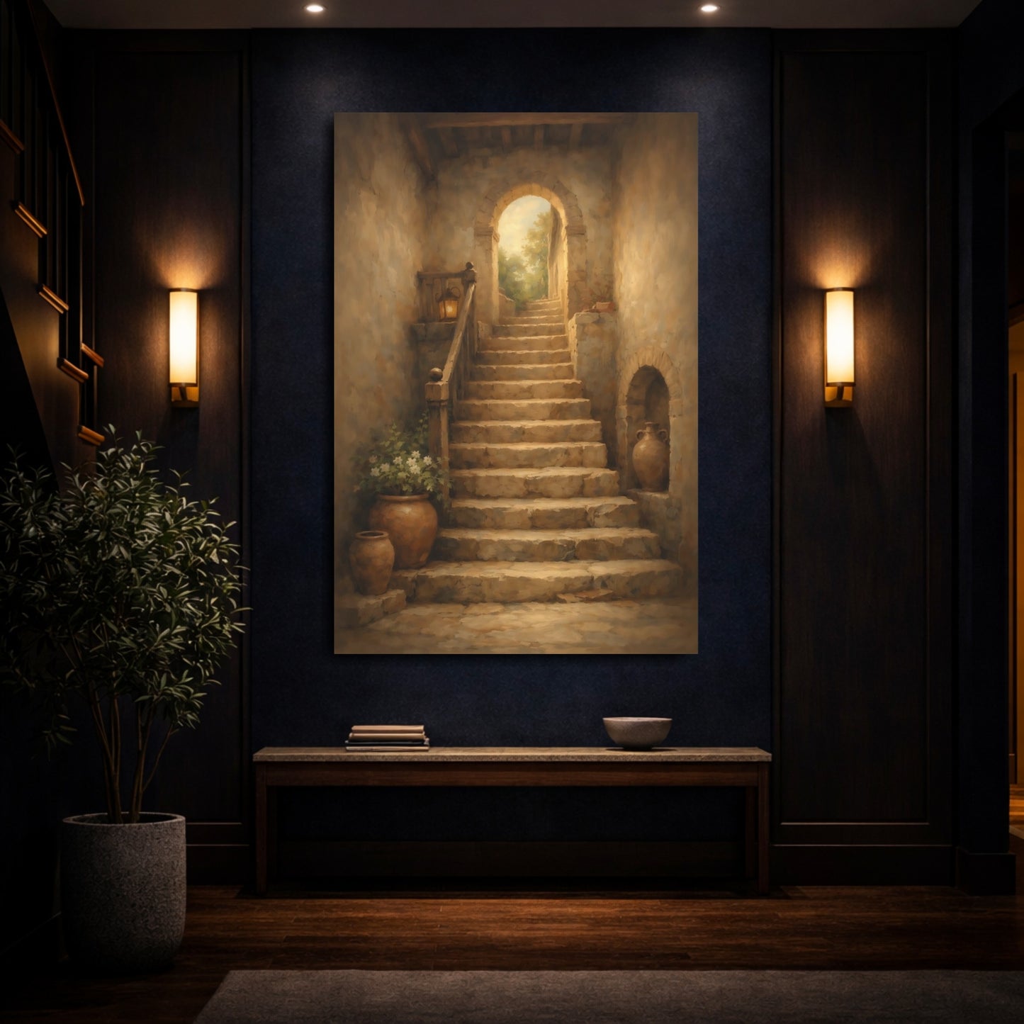 Mockup 3. Vintage Stone Staircase Brown And Beige shown as stretched canvas wall art