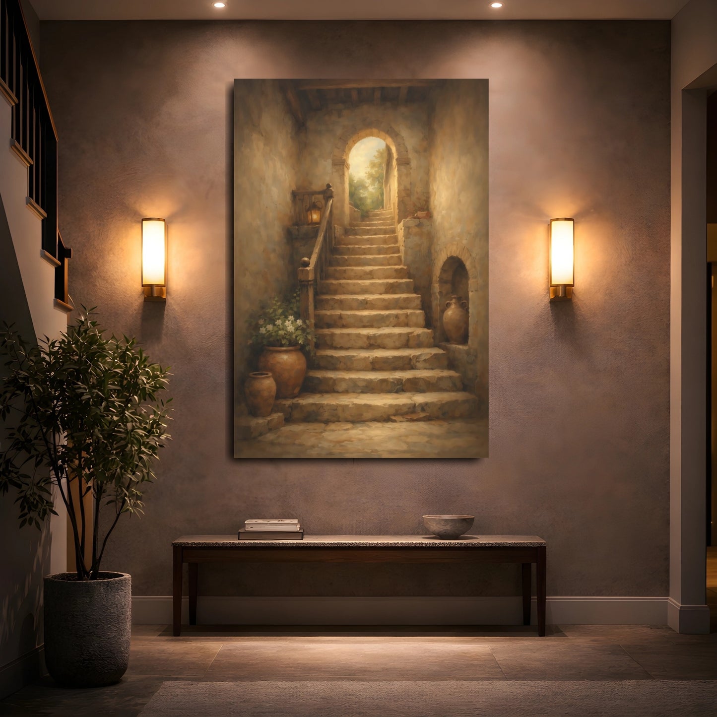 Mockup 4. Vintage Stone Staircase Brown And Beige shown as stretched canvas wall art