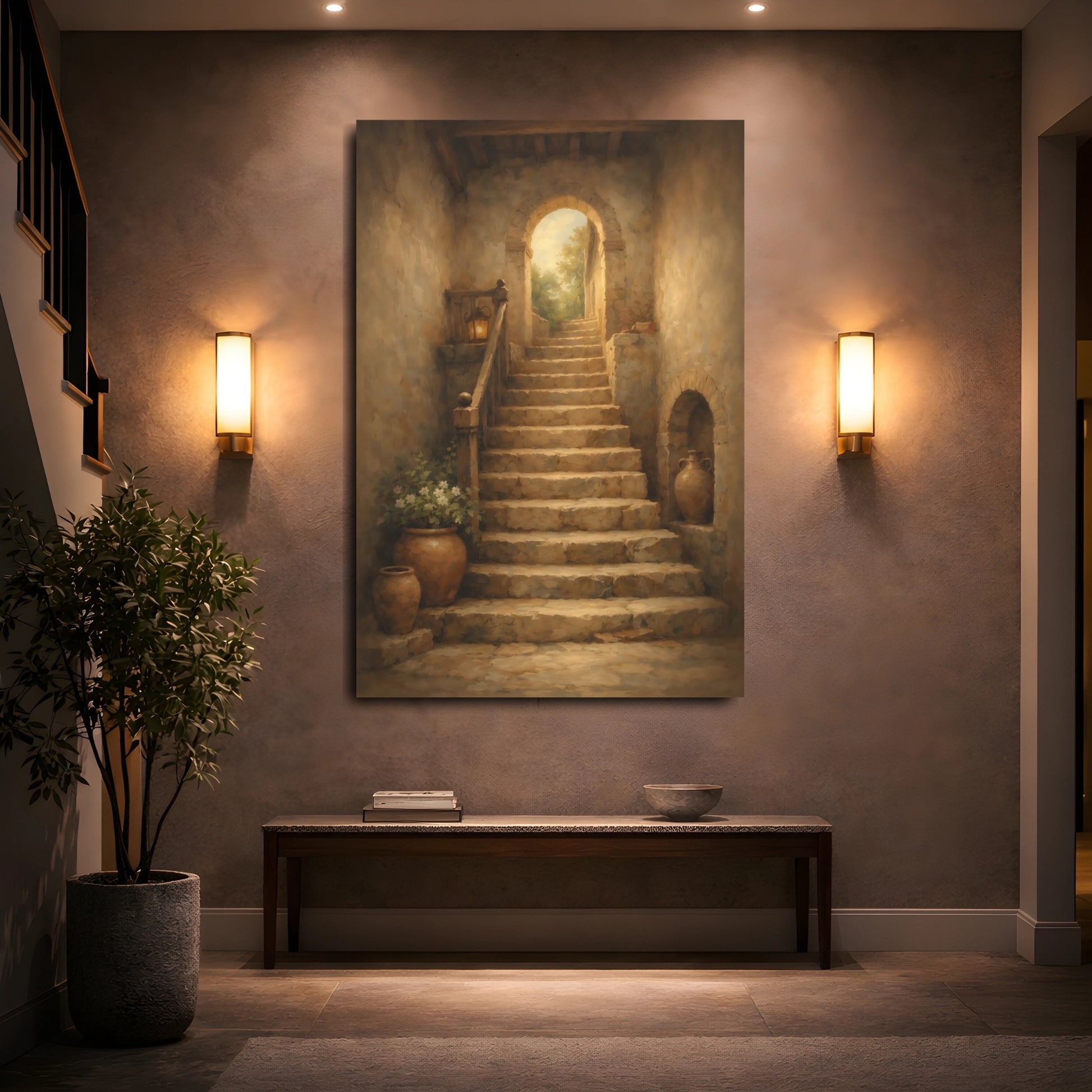 Mockup 4. Vintage Stone Staircase Brown And Beige shown as stretched canvas wall art