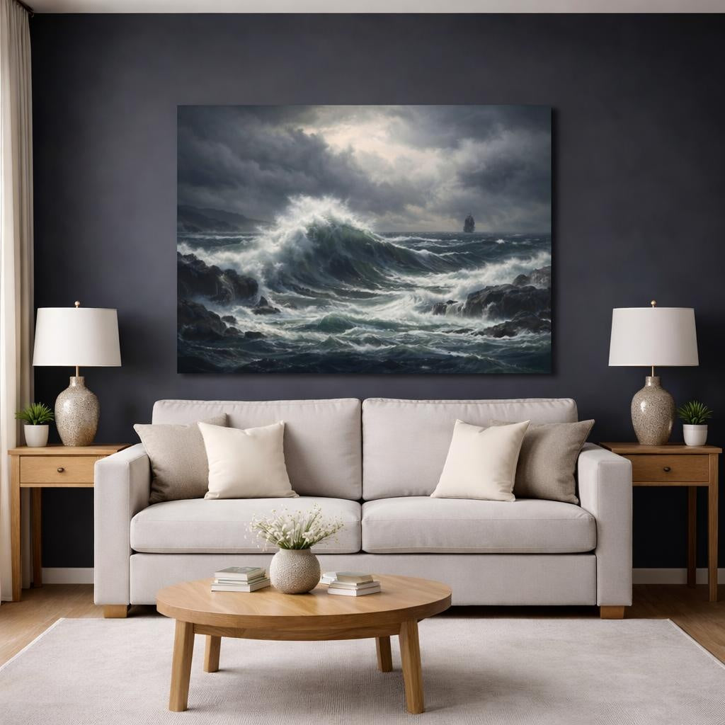 Vintage Stormy Ocean shown as canvas wall art in a modern living room