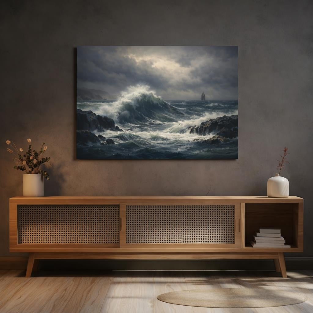 Vintage Stormy Ocean shown as canvas wall art in a refined dining room