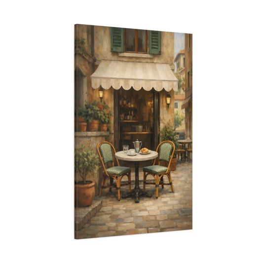 Vintage Street Cafe European Cafe Scene shown as stretched canvas wall art