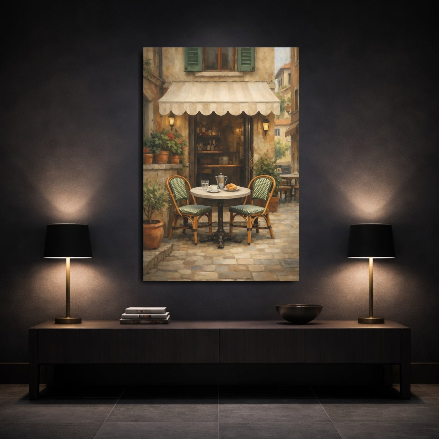 Vintage Street Cafe European Cafe Scene shown as front canvas room wall art