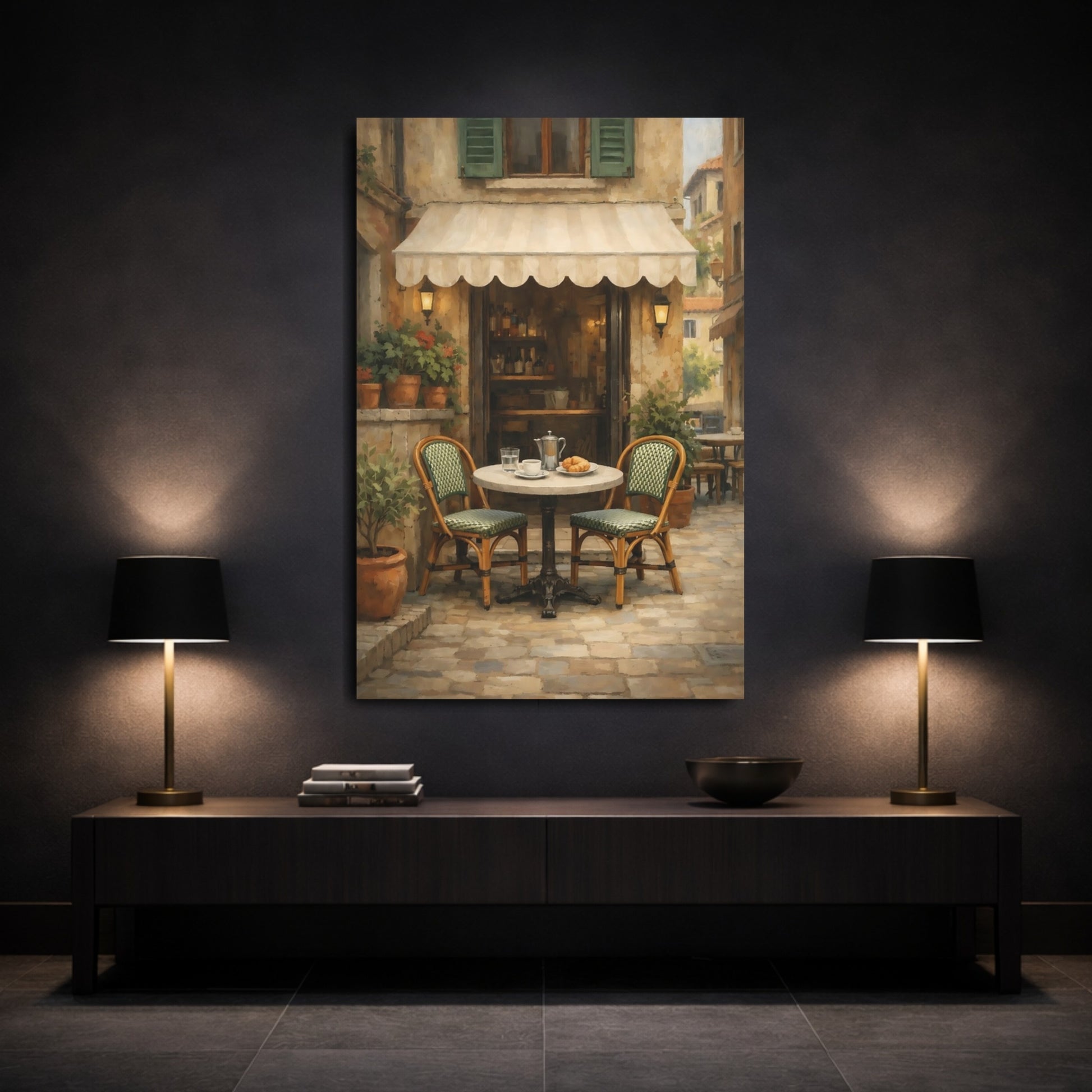 Vintage Street Cafe European Cafe Scene shown as front canvas room wall art