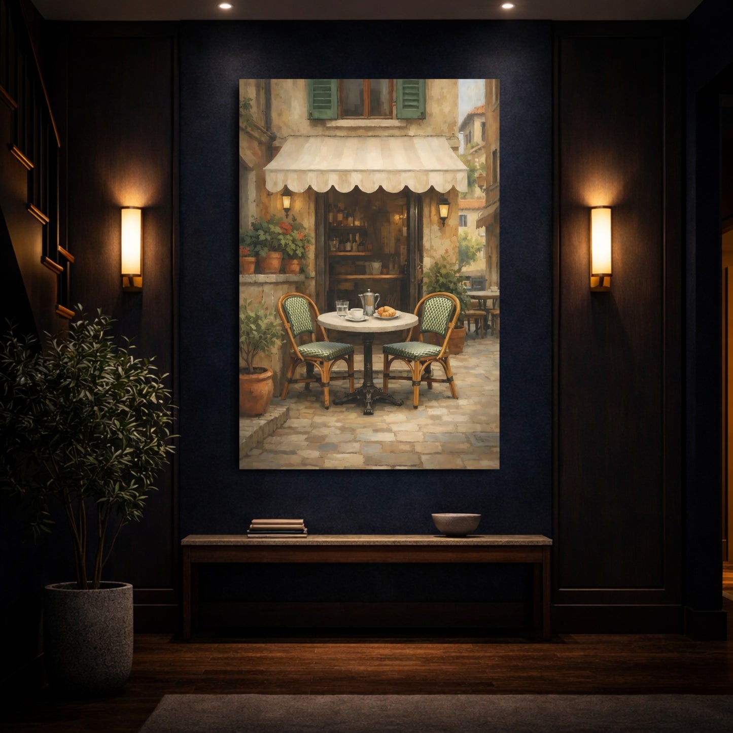 Vintage Street Cafe European Cafe Scene shown as front canvas room wall art