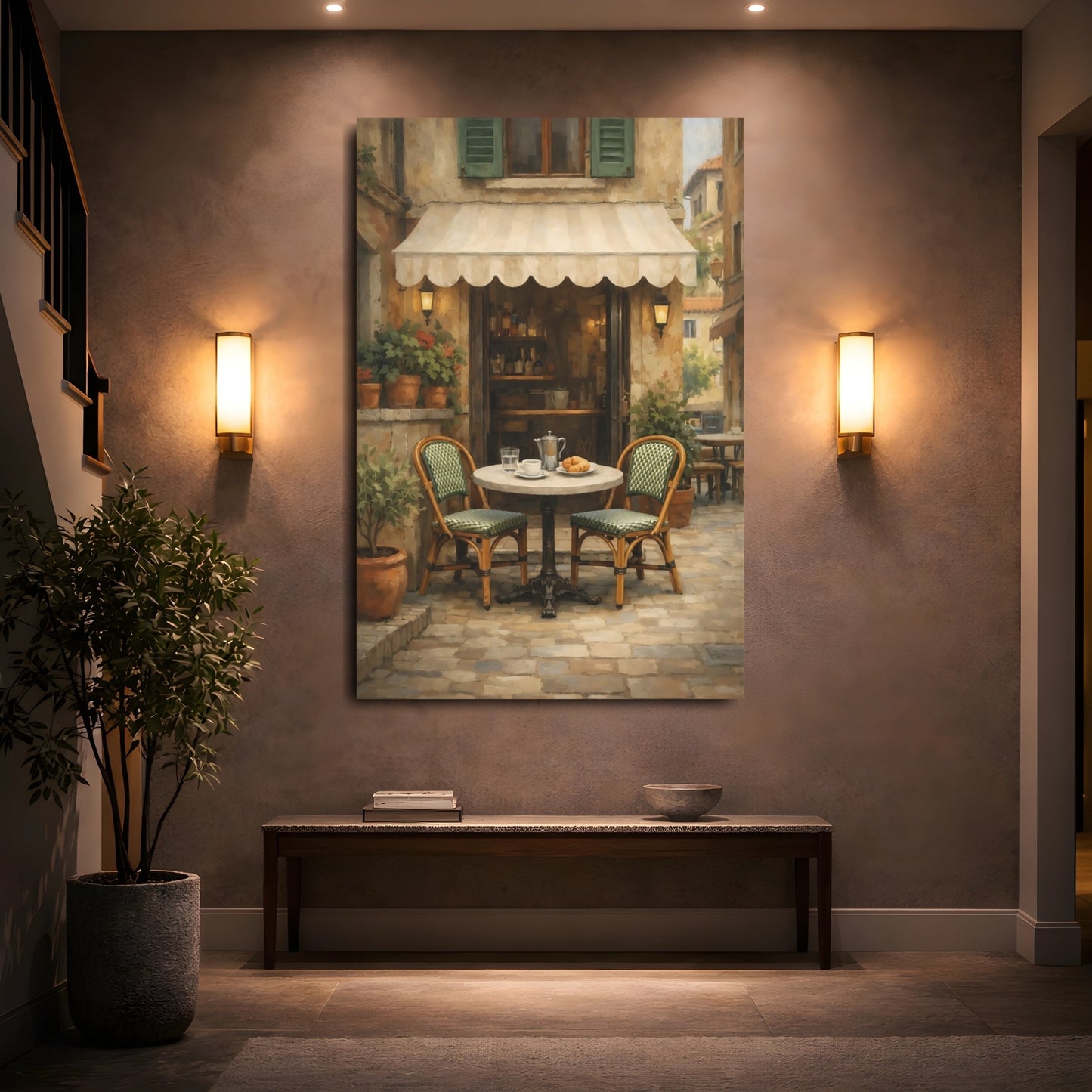 Vintage Street Cafe European Cafe Scene shown as front canvas room wall art