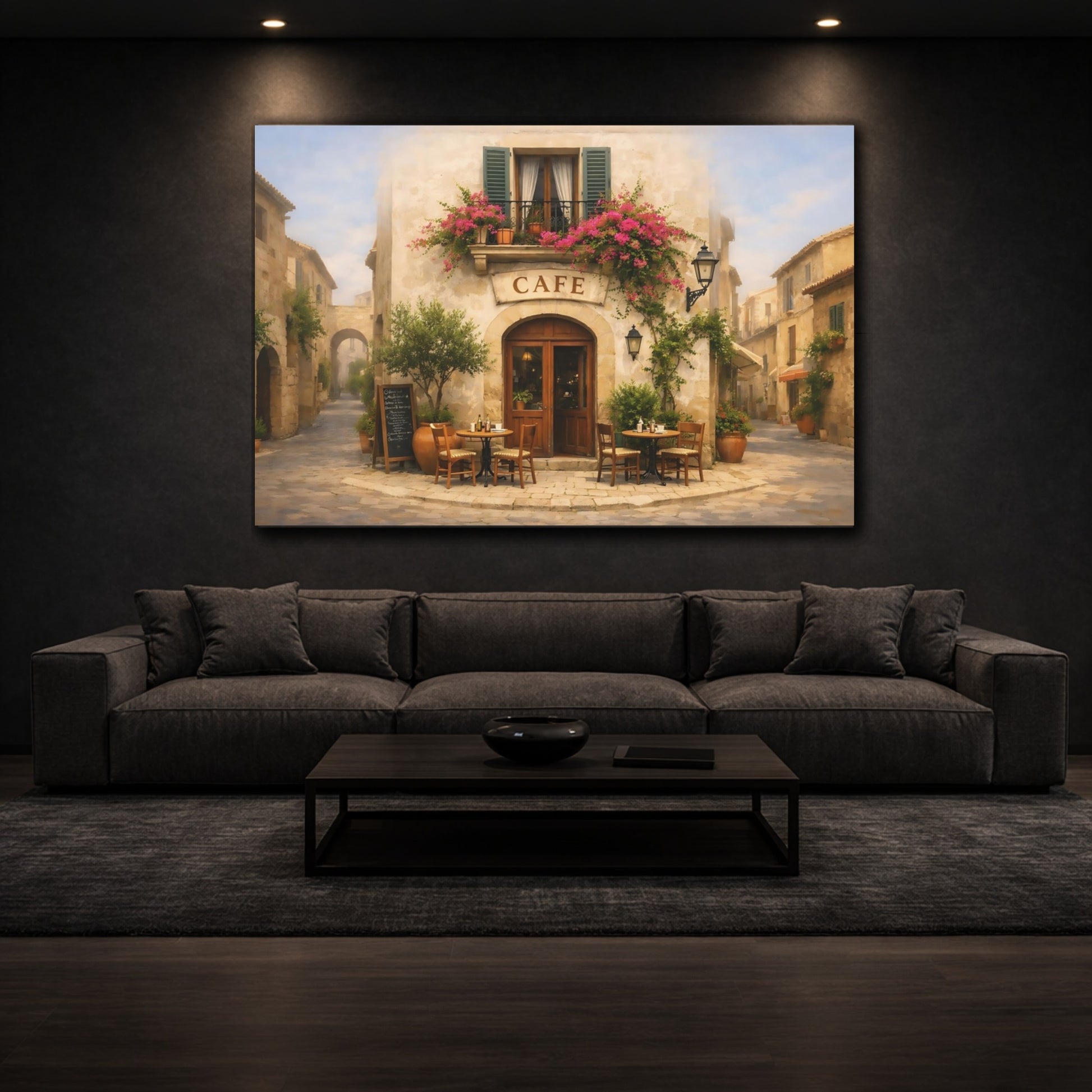 Vintage Street Cafe Mediterranean Cafe Street shown as front canvas room wall art