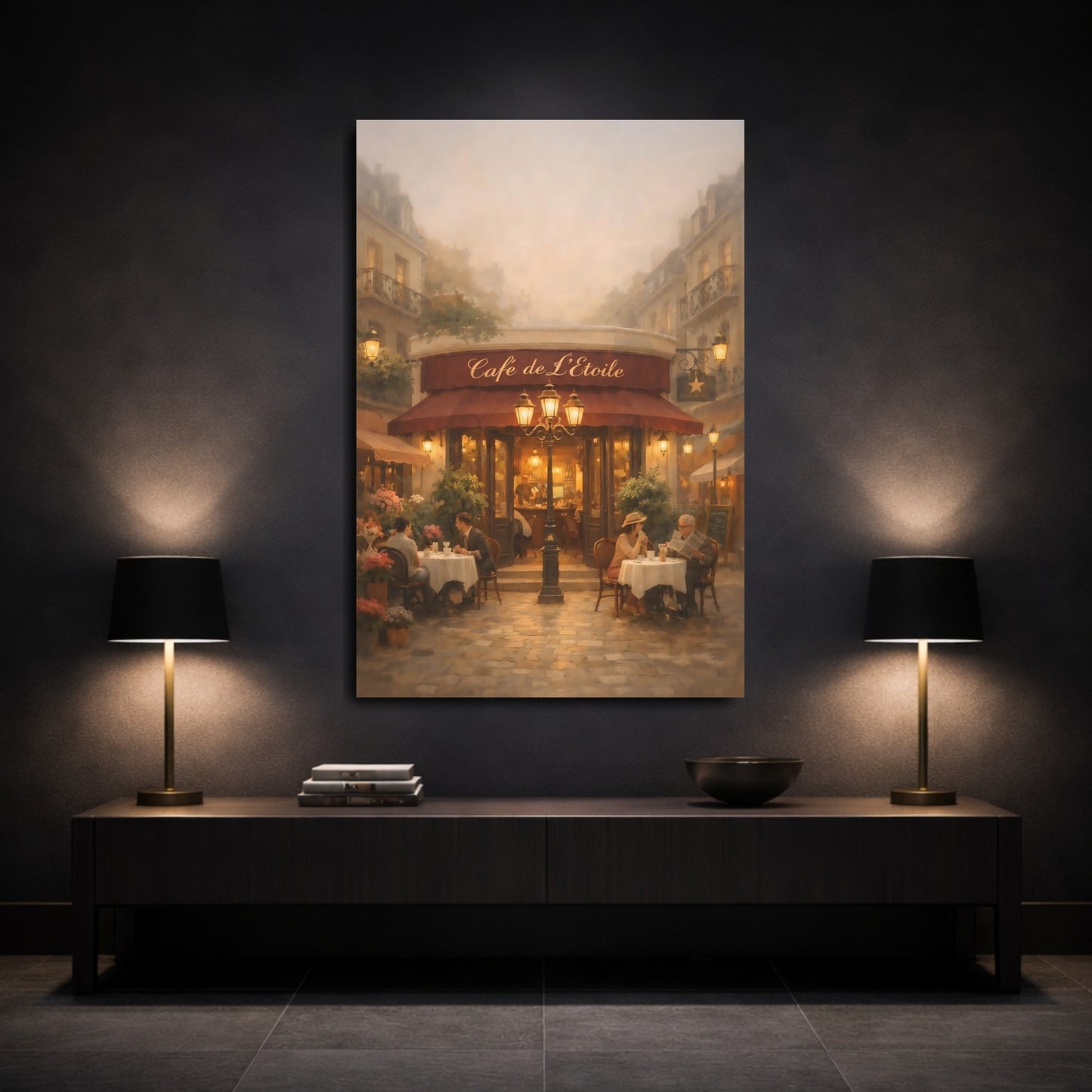 Mockup 2. Vintage Street Cafe Parisian Cafe shown as stretched canvas wall art