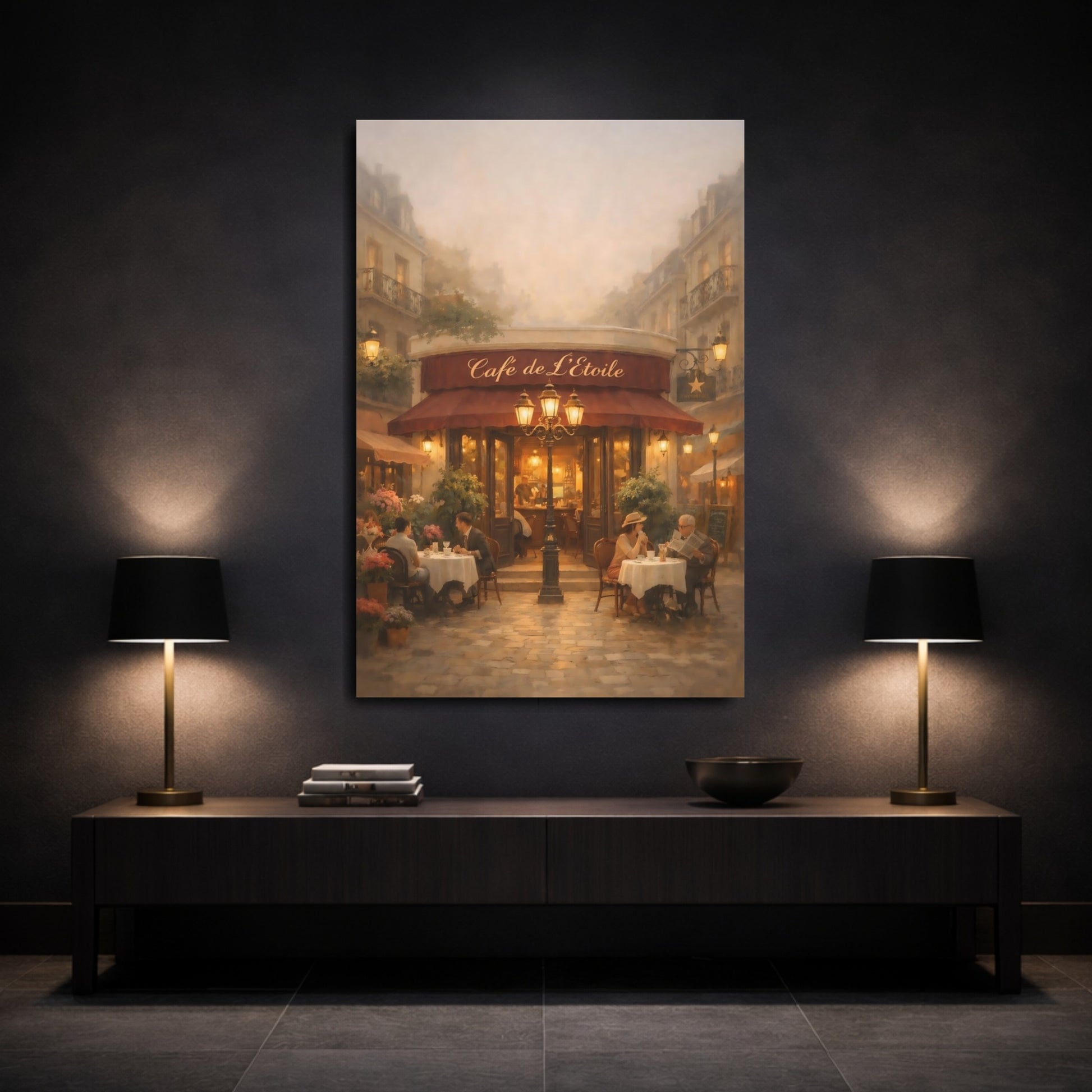 Mockup 2. Vintage Street Cafe Parisian Cafe shown as stretched canvas wall art