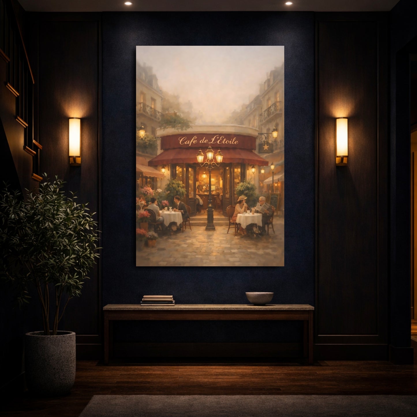 Mockup 3. Vintage Street Cafe Parisian Cafe shown as stretched canvas wall art