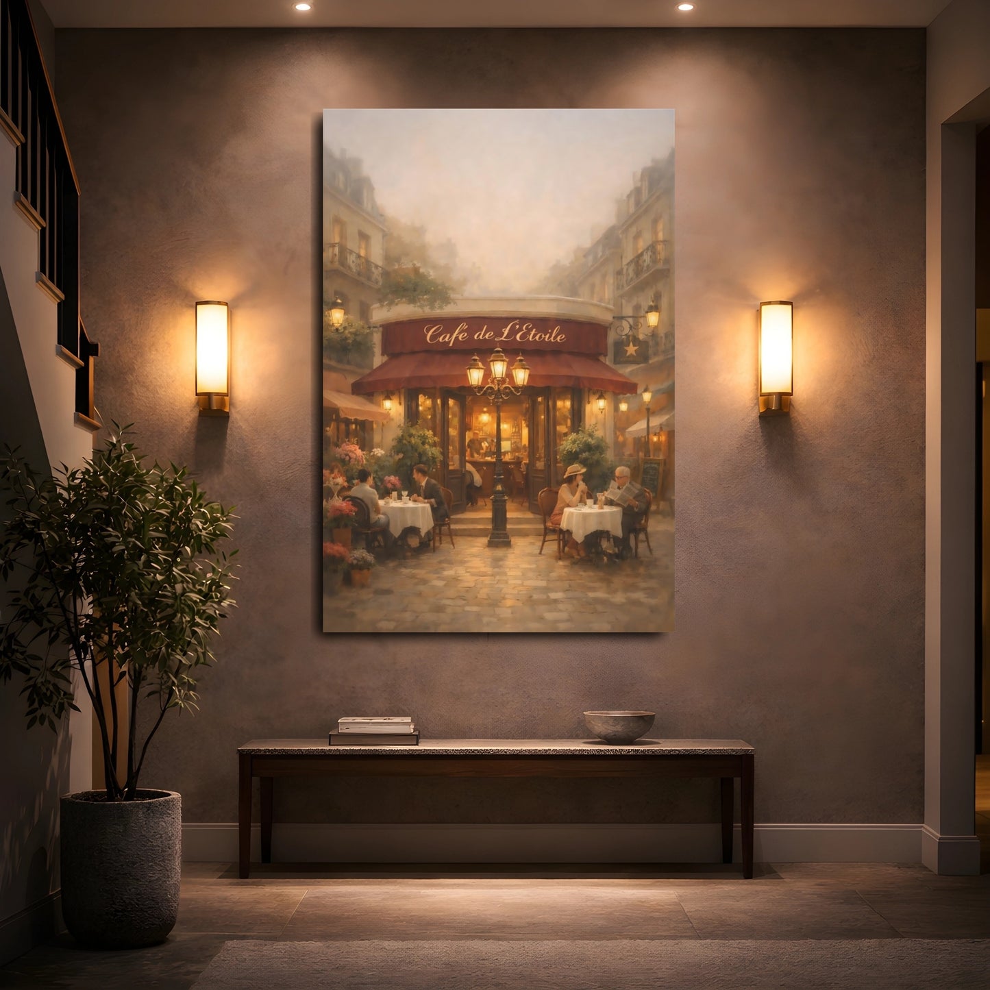 Mockup 4. Vintage Street Cafe Parisian Cafe shown as stretched canvas wall art