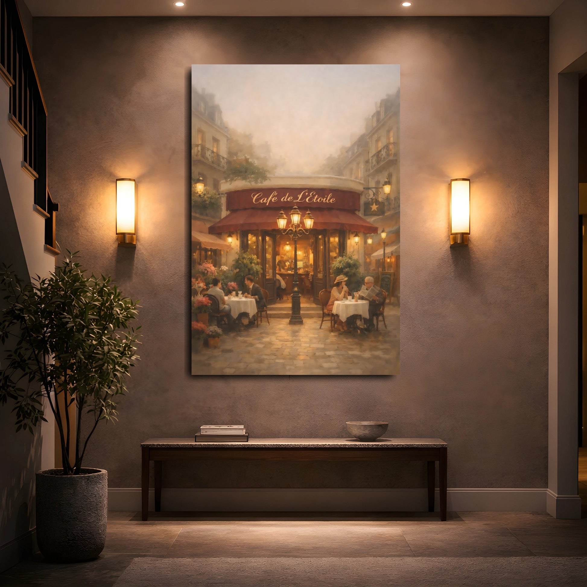 Mockup 4. Vintage Street Cafe Parisian Cafe shown as stretched canvas wall art
