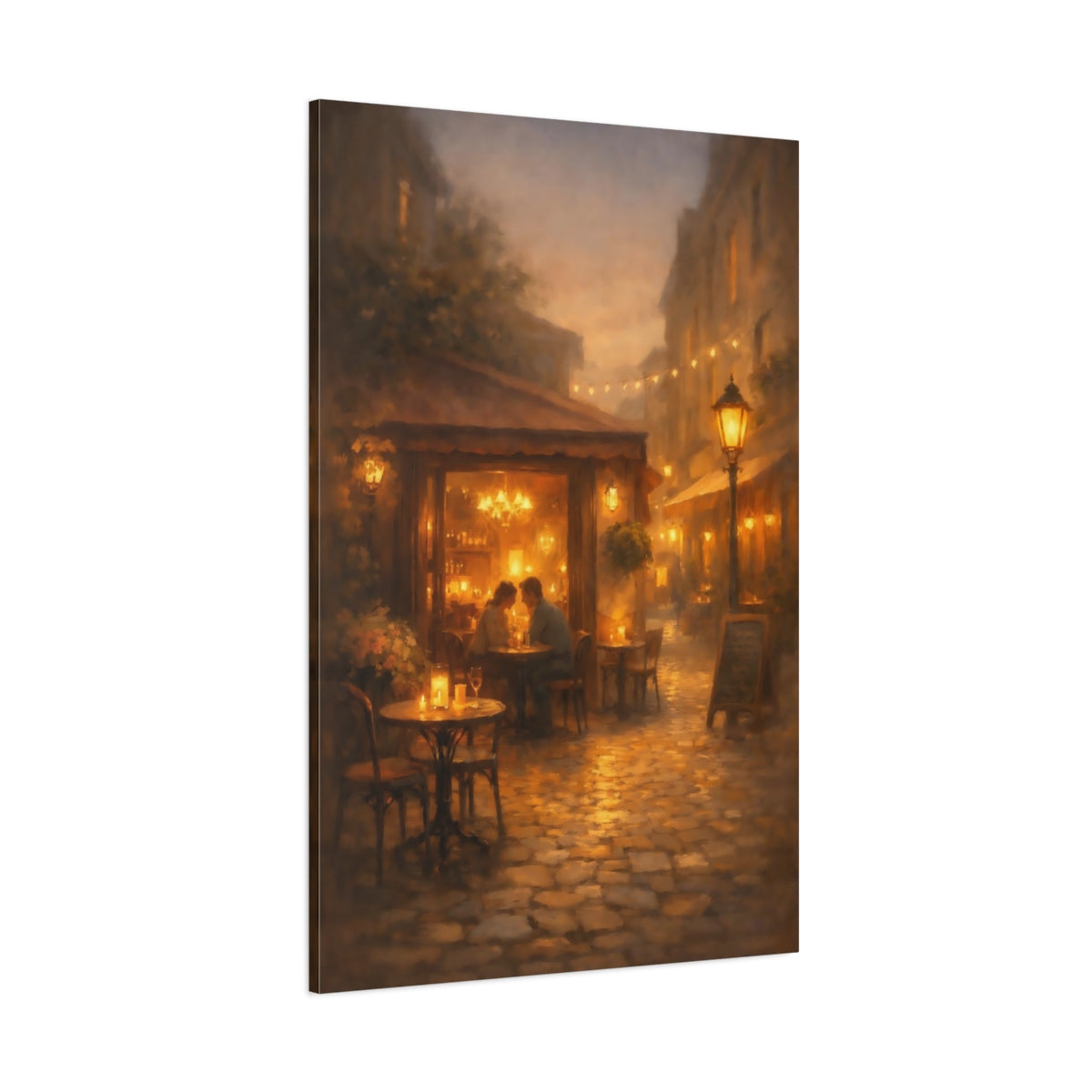 Main Mockup. Vintage Street Cafe Warm Evening Cafe shown as stretched canvas wall art
