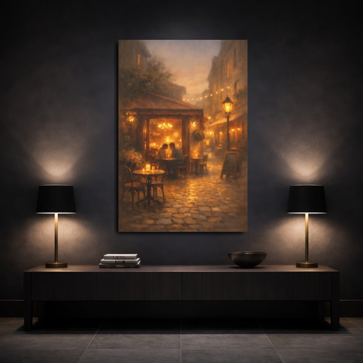 Mockup 2. Vintage Street Cafe Warm Evening Cafe shown as stretched canvas wall art