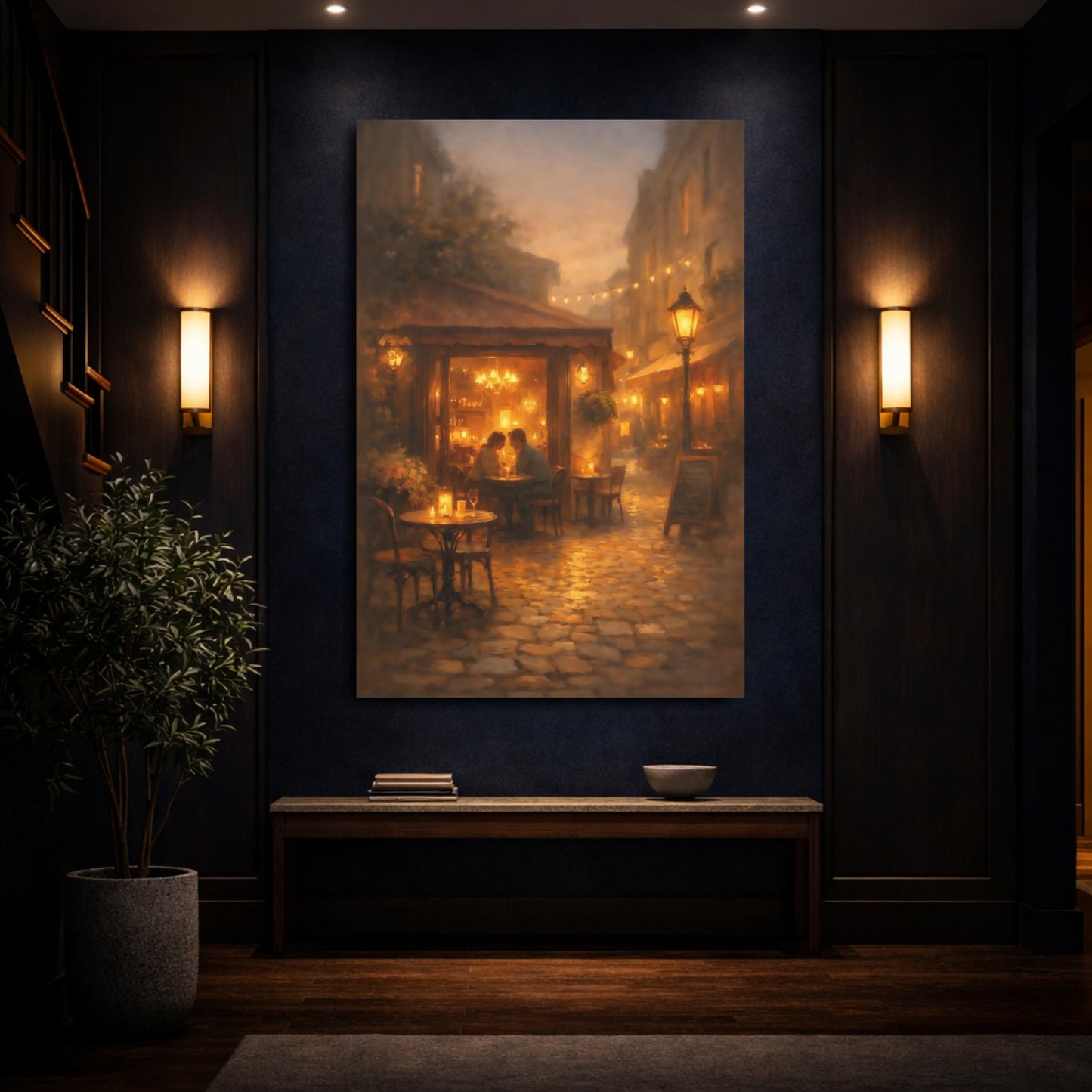 Mockup 3. Vintage Street Cafe Warm Evening Cafe shown as stretched canvas wall art