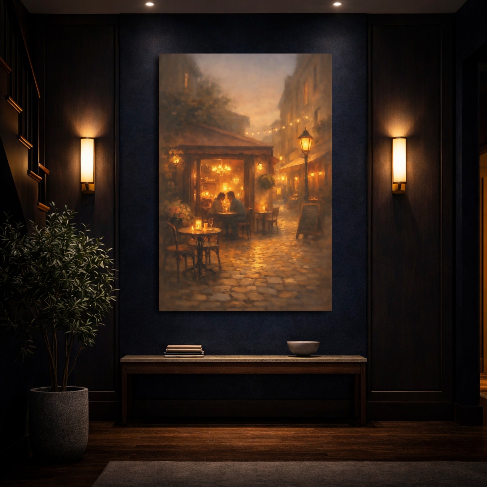 Mockup 3. Vintage Street Cafe Warm Evening Cafe shown as stretched canvas wall art